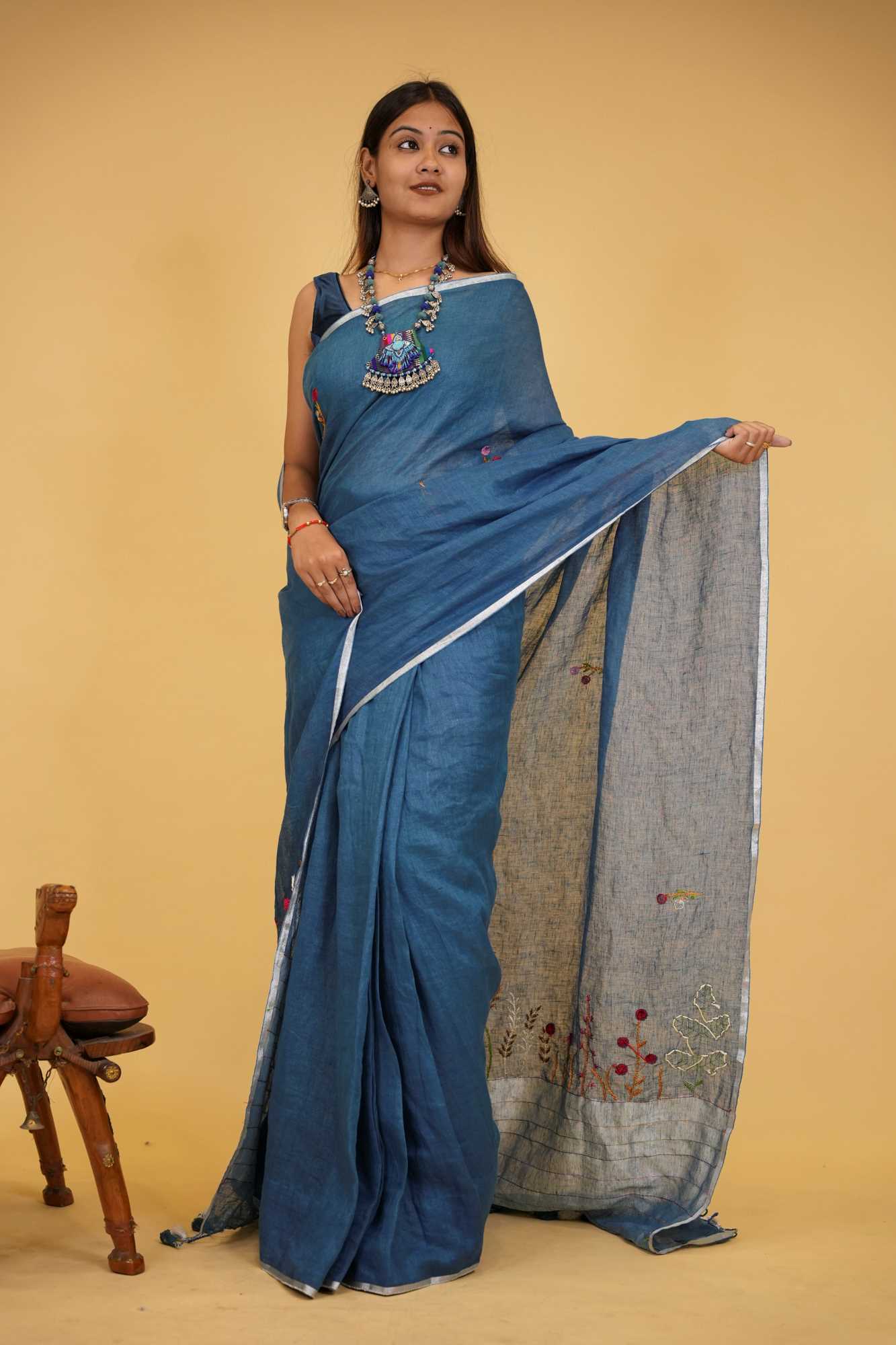 Blue Linen Silk Ready to wear Saree with Hand Woven & Floral Embroidery Work