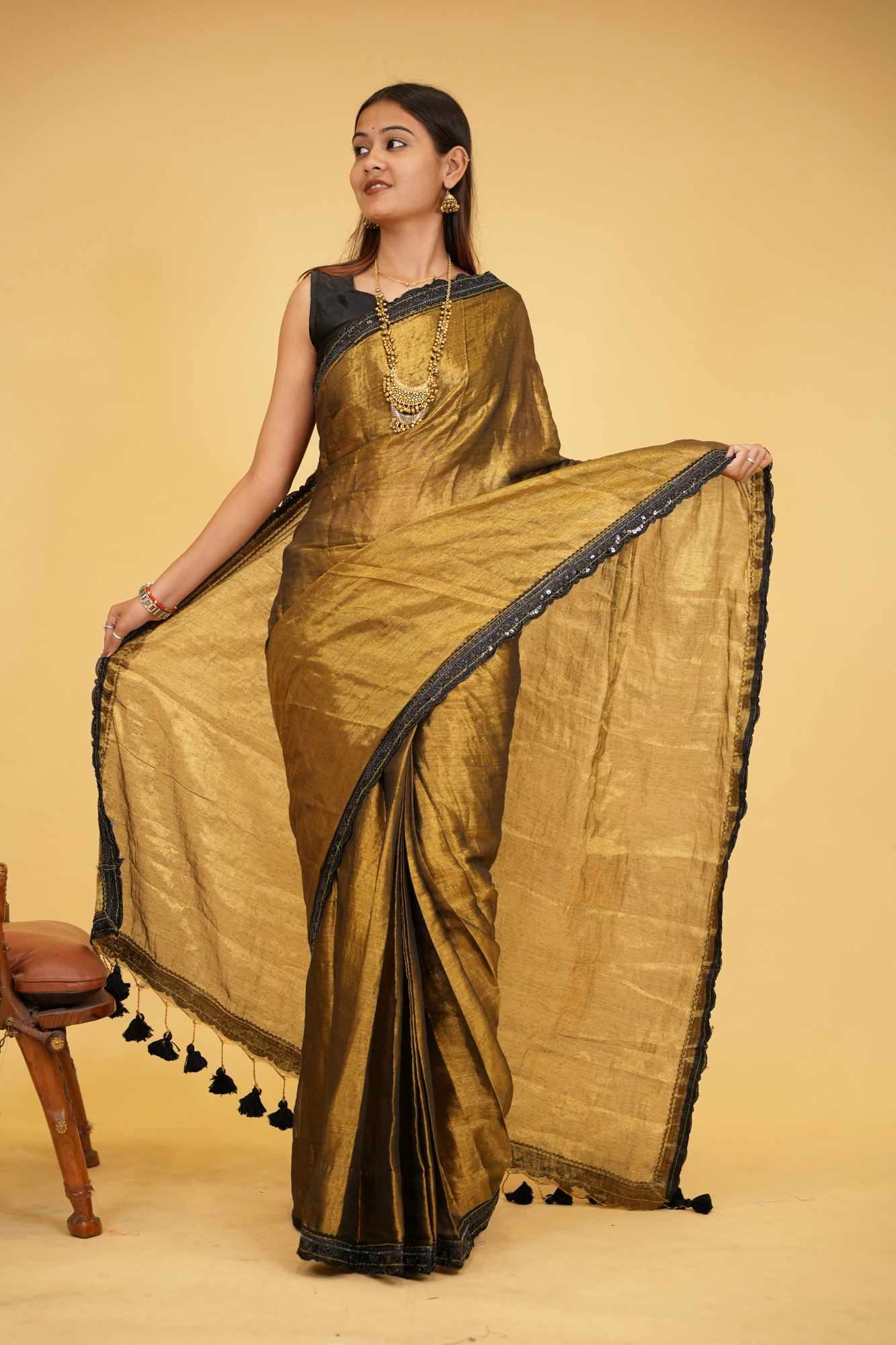 Dhoop Chaanv Raga Tissue Linen with Lace Border & Tassel On Pallu Wrap in 1 Minute Saree