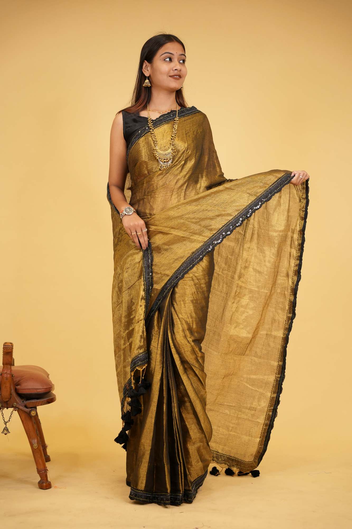 Dhoop Chaanv Raga Tissue Linen with Lace Border & Tassel On Pallu Wrap in 1 Minute Saree