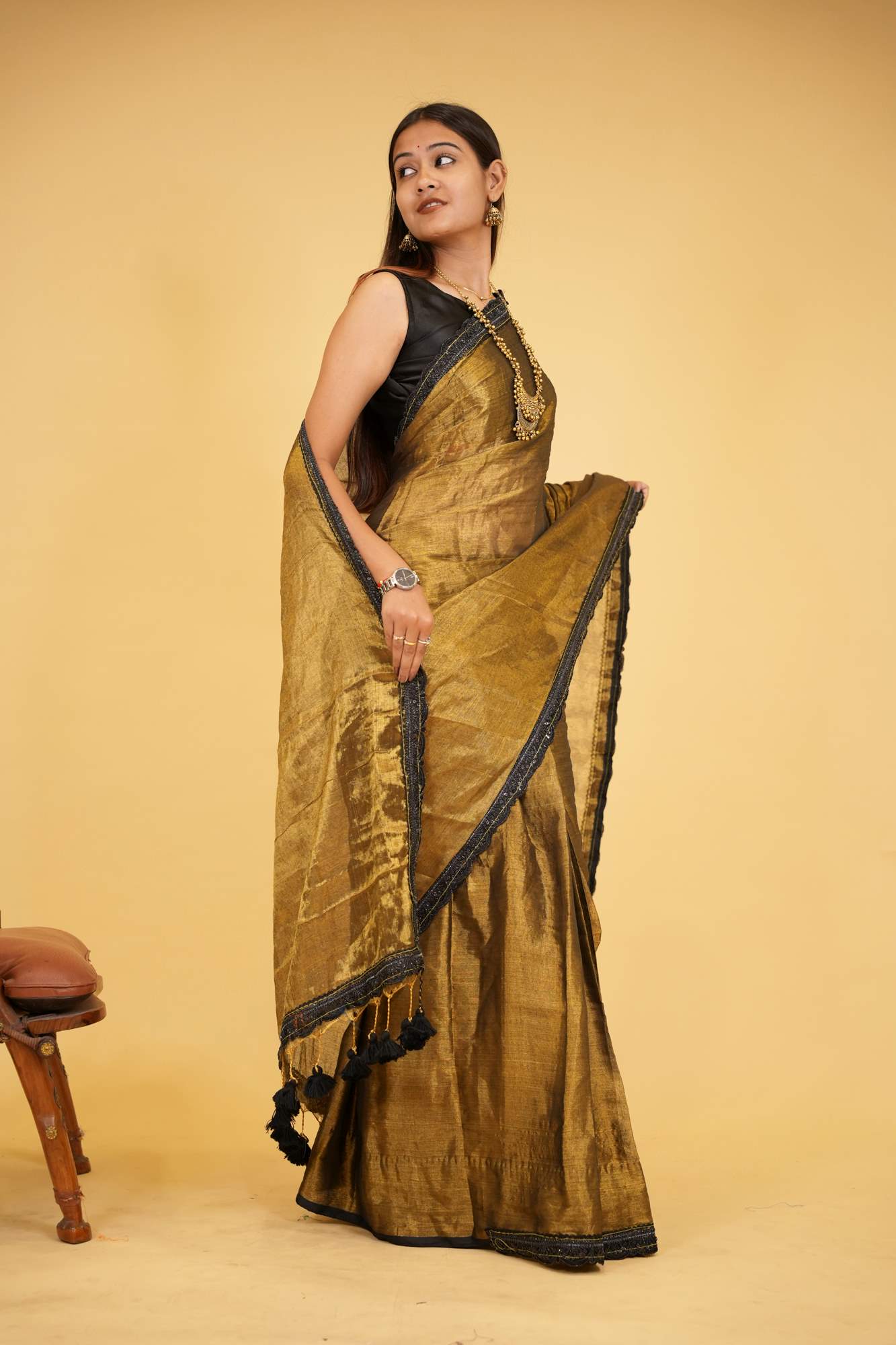 Dhoop Chaanv Raga Tissue Linen with Lace Border & Tassel On Pallu Wrap in 1 Minute Saree