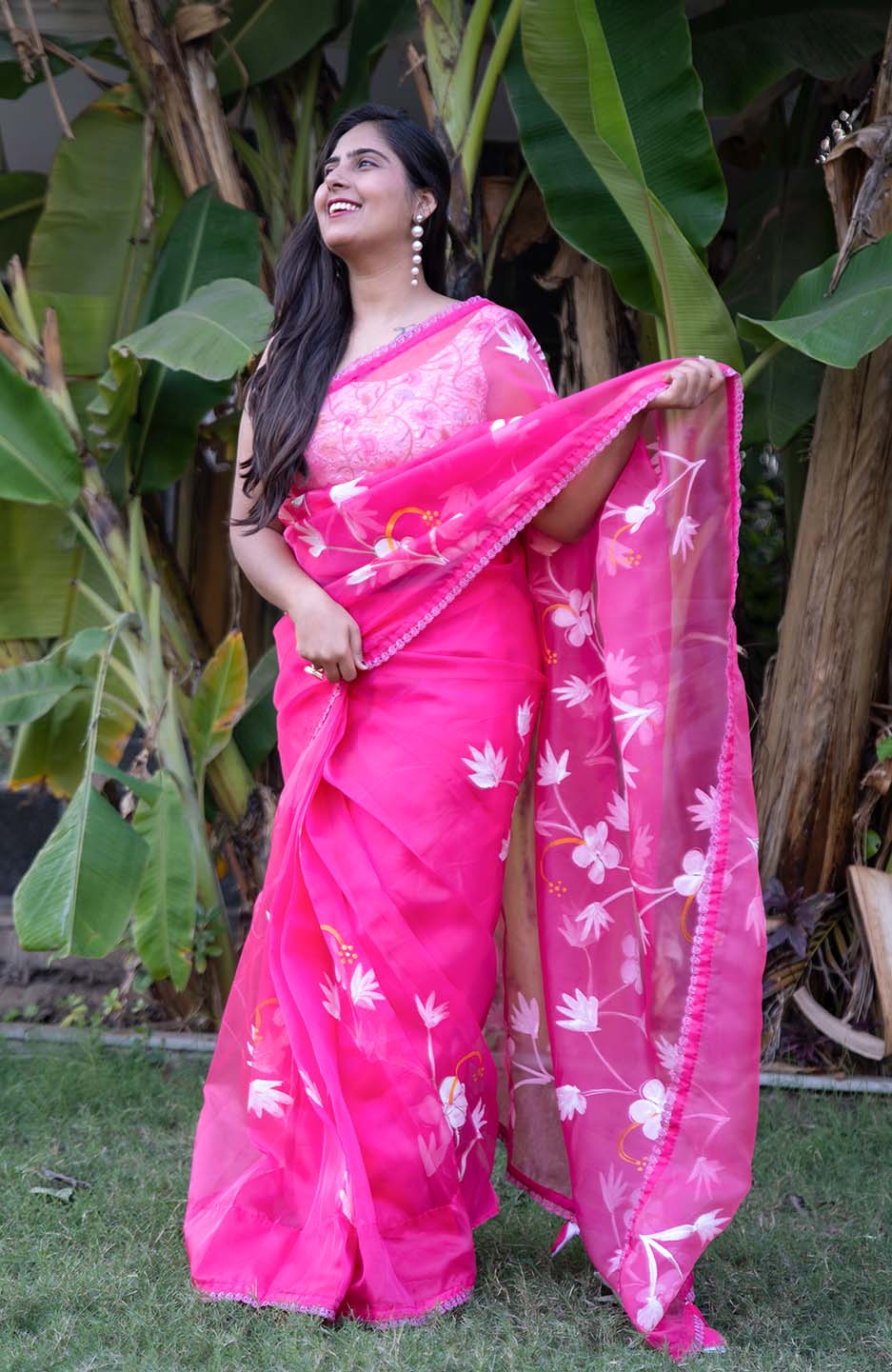 Ready to Wear Soft Pink Silk Organza With Lace Border & Phumkas On Pallu Wrap in 1 minute saree