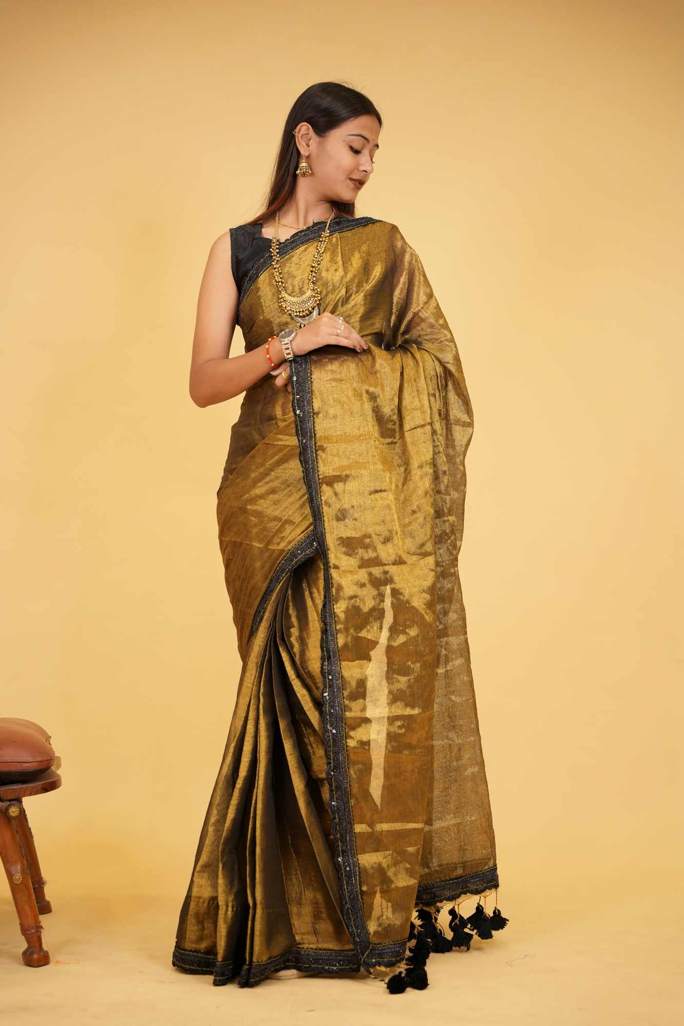 Dhoop Chaanv Raga Tissue Linen with Lace Border & Tassel On Pallu Wrap in 1 Minute Saree