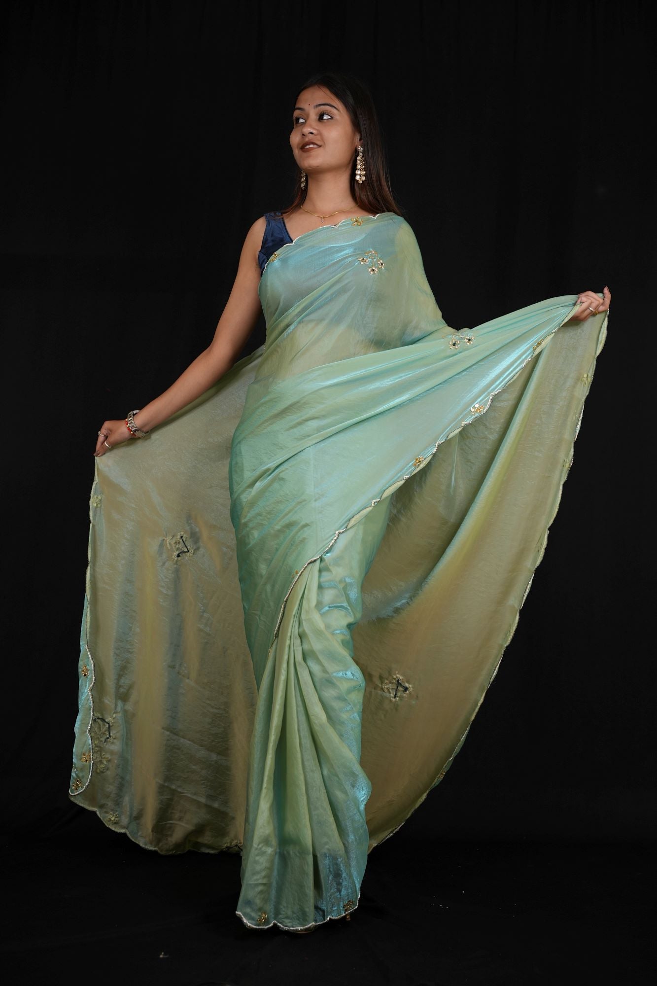 Satin silk with Handwork Butta and Sequined Scalloped Border Ready To Wear Saree