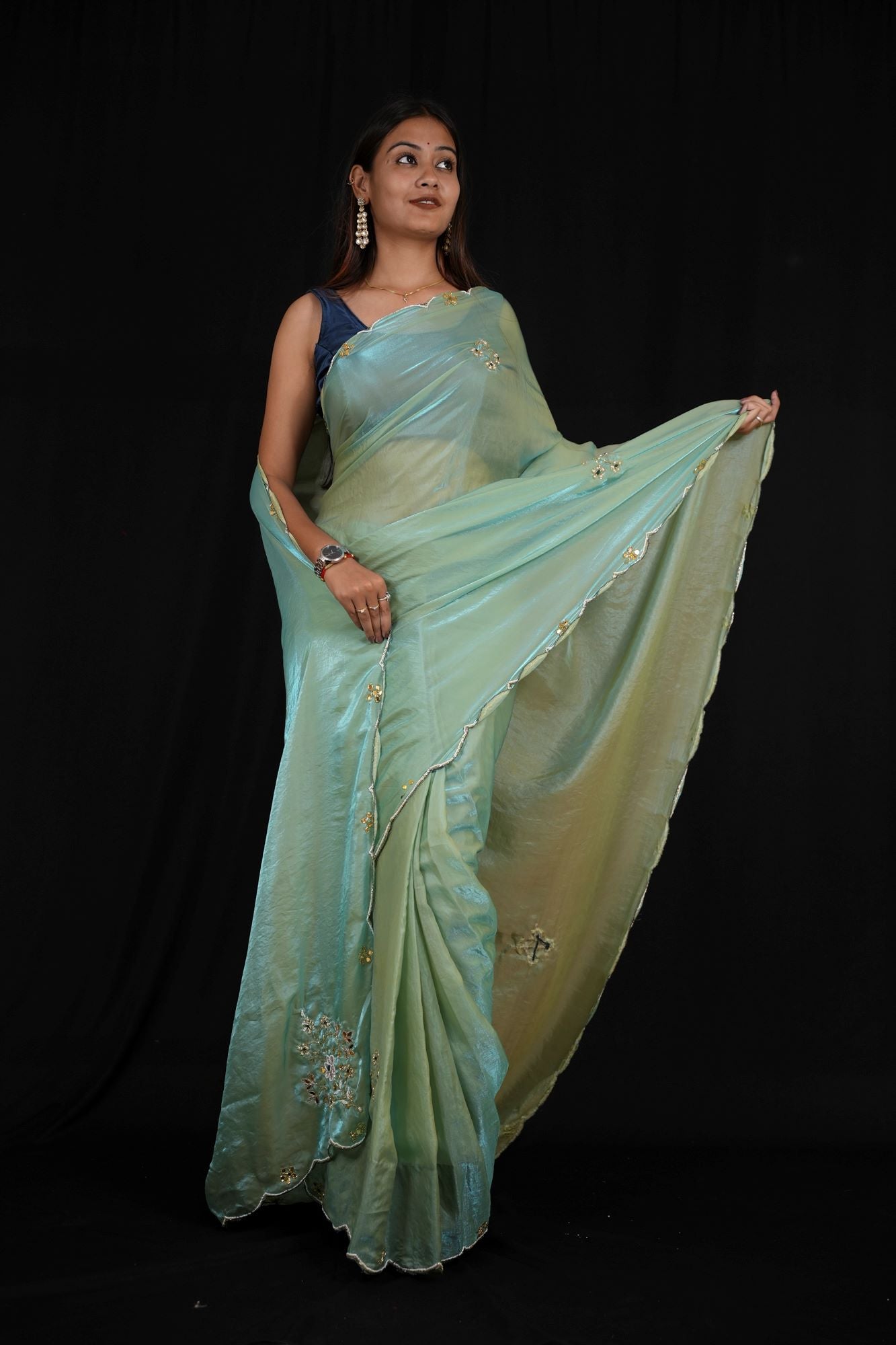 Satin silk with Handwork Butta and Sequined Scalloped Border Ready To Wear Saree
