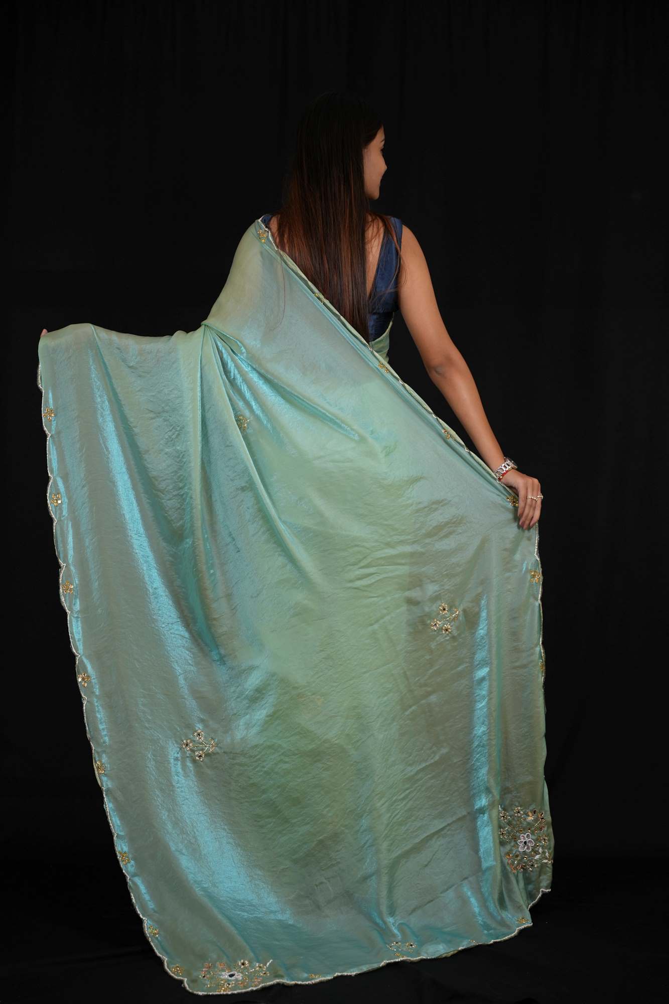 Satin silk with Handwork Butta and Sequined Scalloped Border Ready To Wear Saree