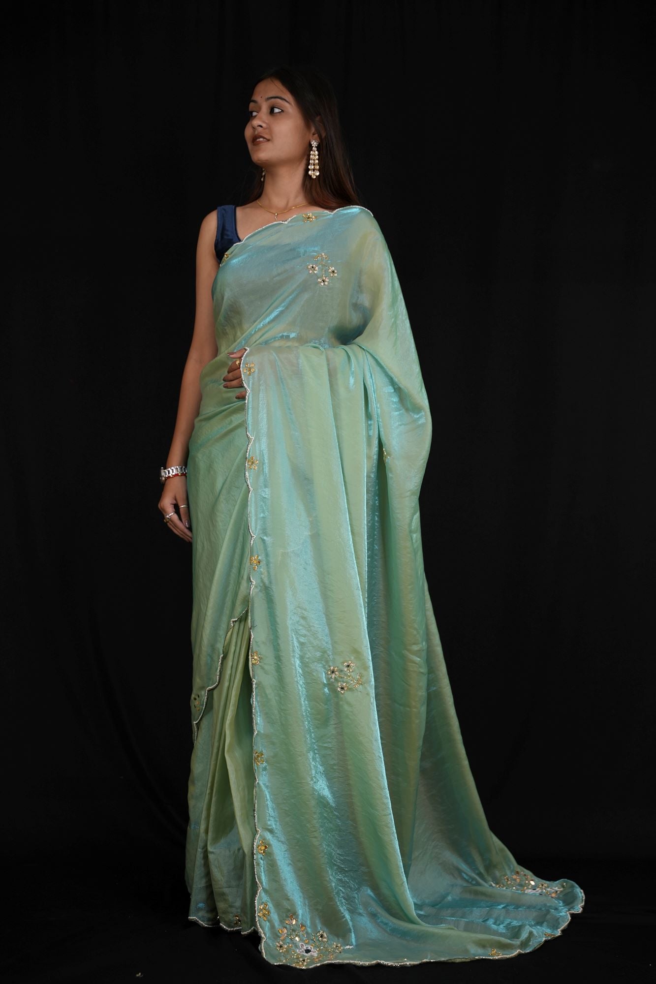 Satin silk with Handwork Butta and Sequined Scalloped Border Ready To Wear Saree