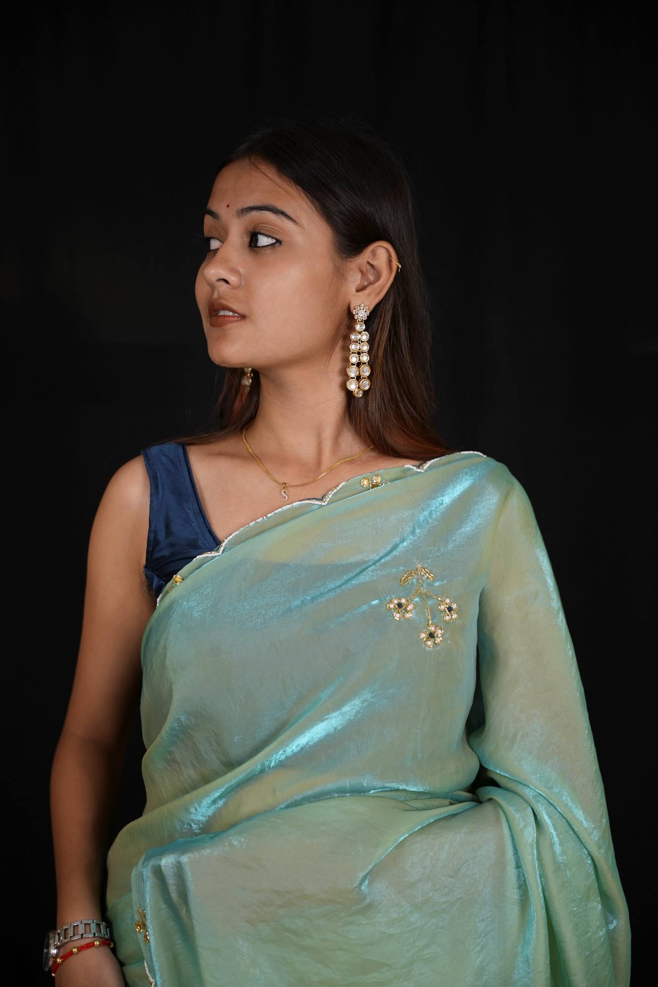 Satin silk with Handwork Butta and Sequined Scalloped Border Ready To Wear Saree