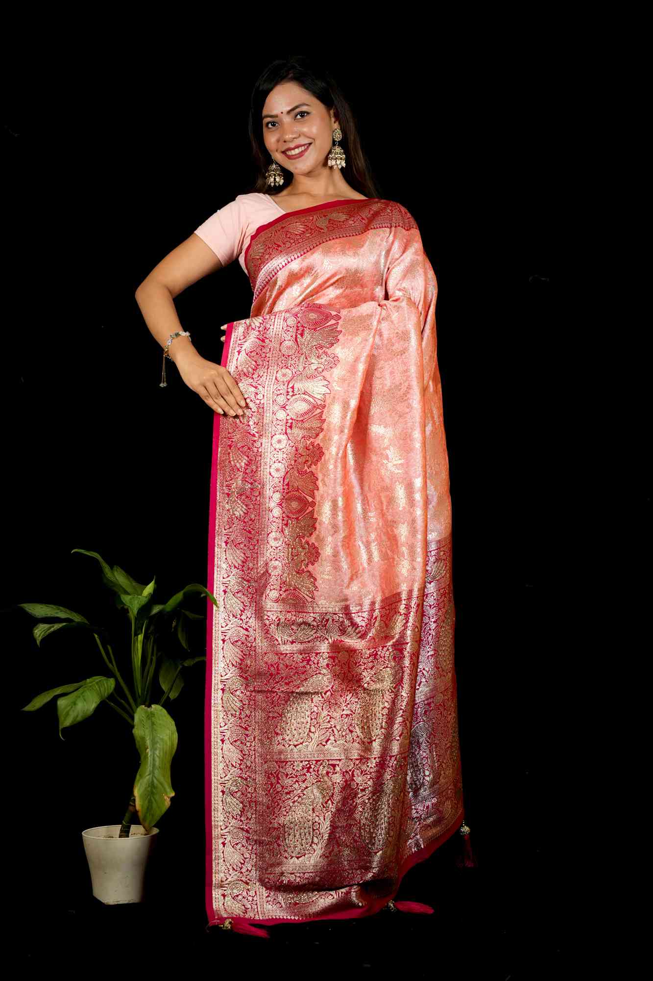 Banarasi with Intricate Peacock Zari Border Ready To Wear Saree