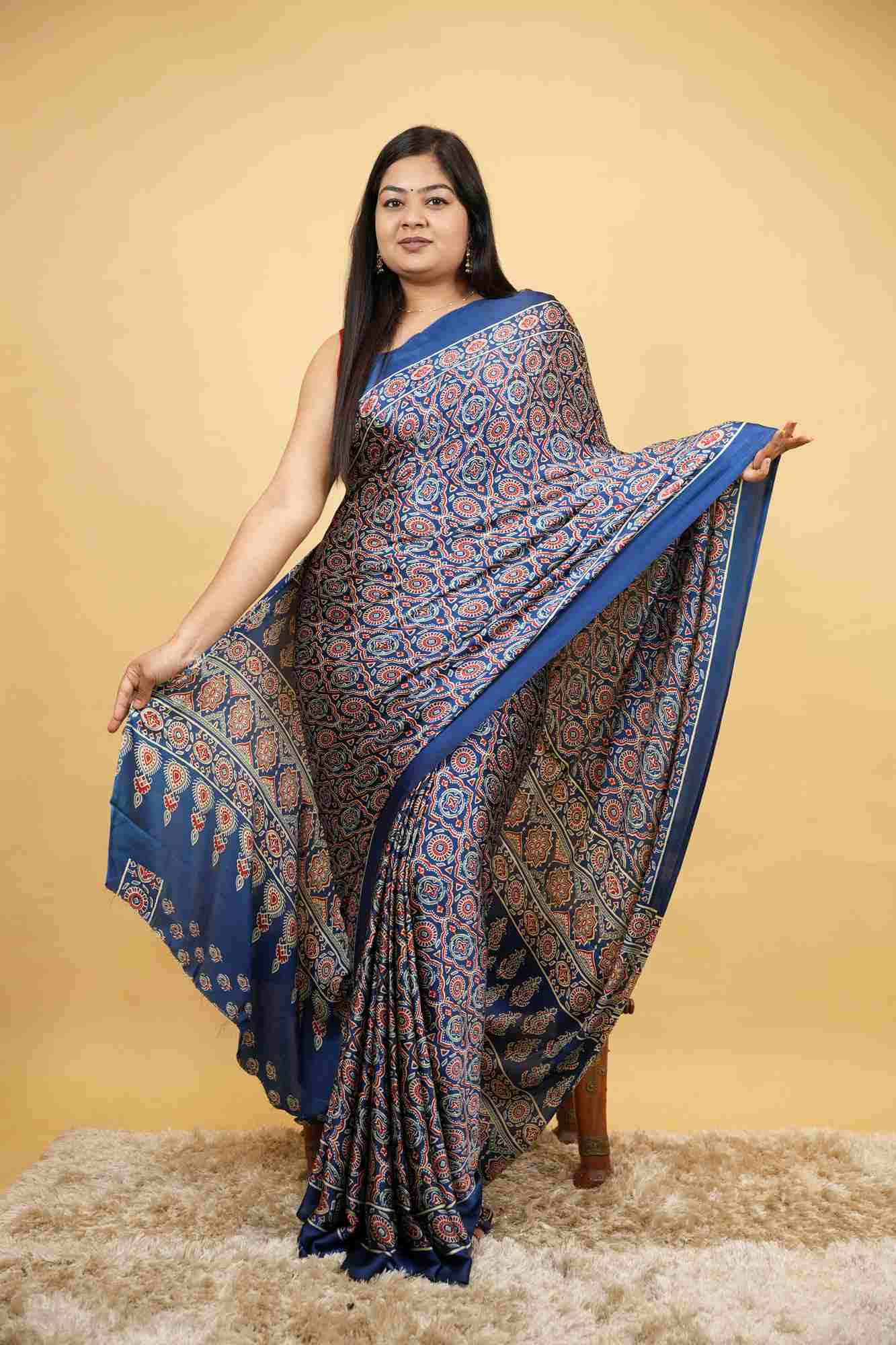 Modal Crepe silk With All Over Ajrakh Printed Ready To Wear Saree