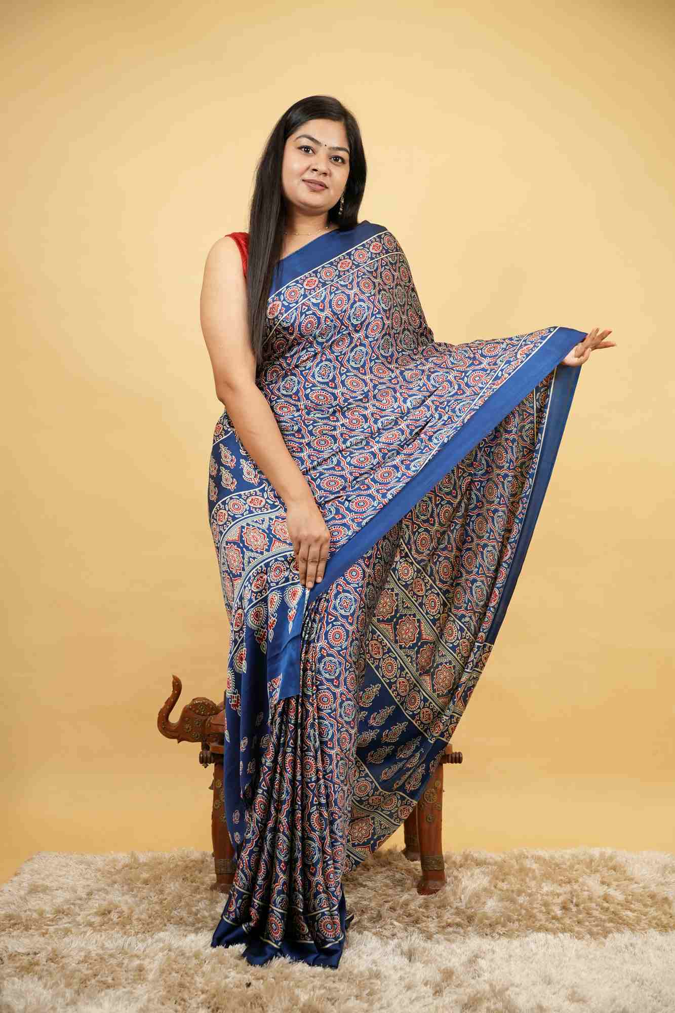 Modal Crepe silk With All Over Ajrakh Printed Ready To Wear Saree