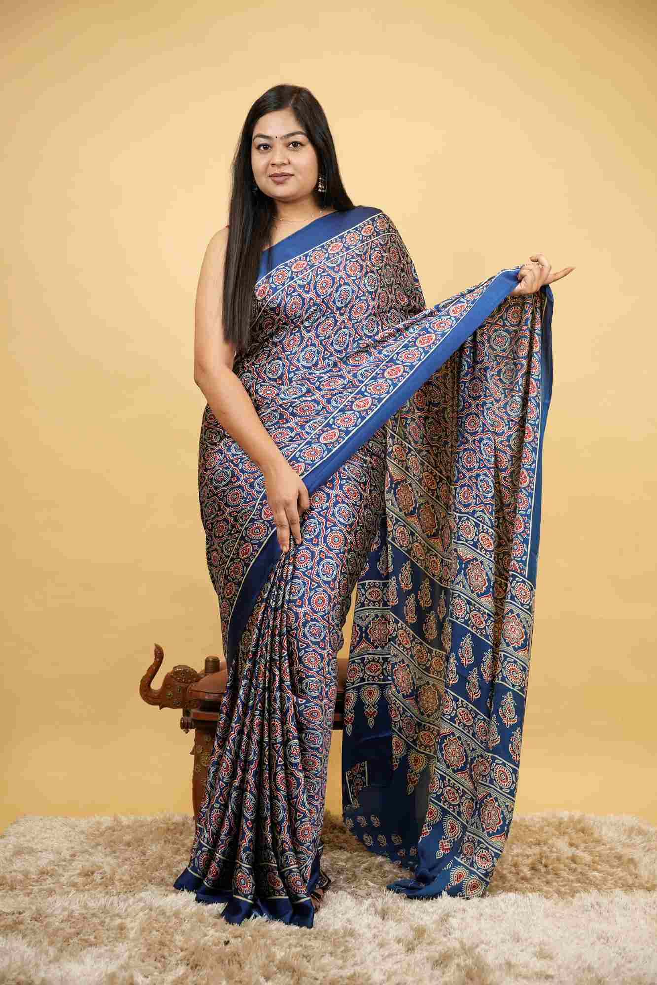 Modal Crepe silk With All Over Ajrakh Printed Ready To Wear Saree