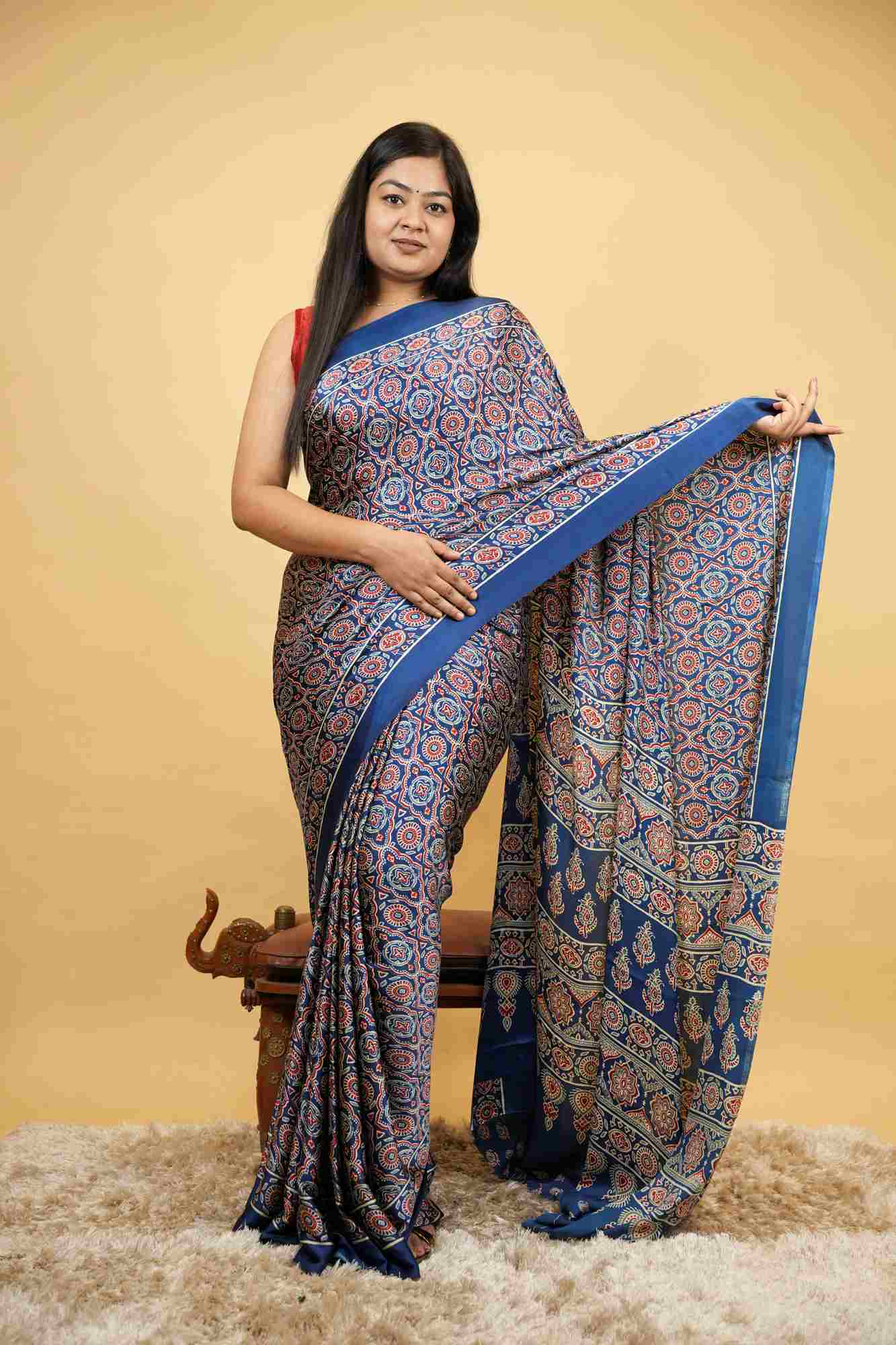 Modal Crepe silk With All Over Ajrakh Printed Ready To Wear Saree
