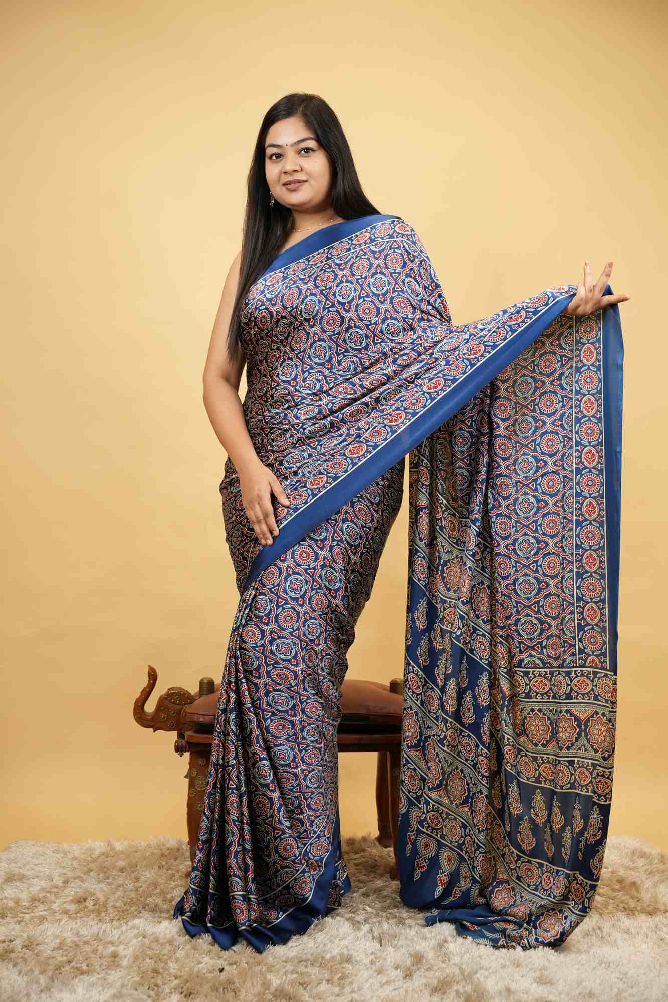 Modal Crepe silk With All Over Ajrakh Printed Ready To Wear Saree