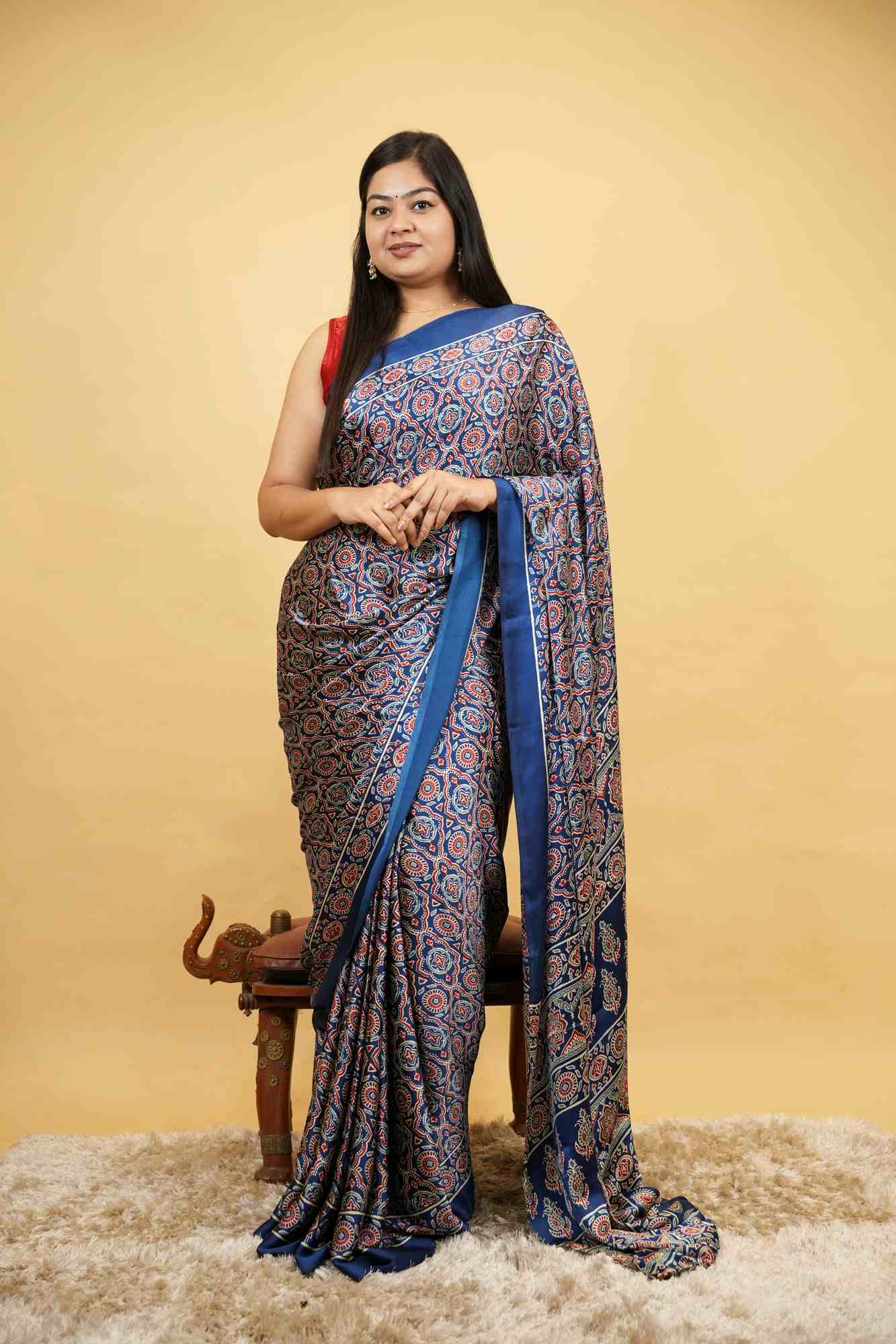 Modal Crepe silk With All Over Ajrakh Printed Ready To Wear Saree