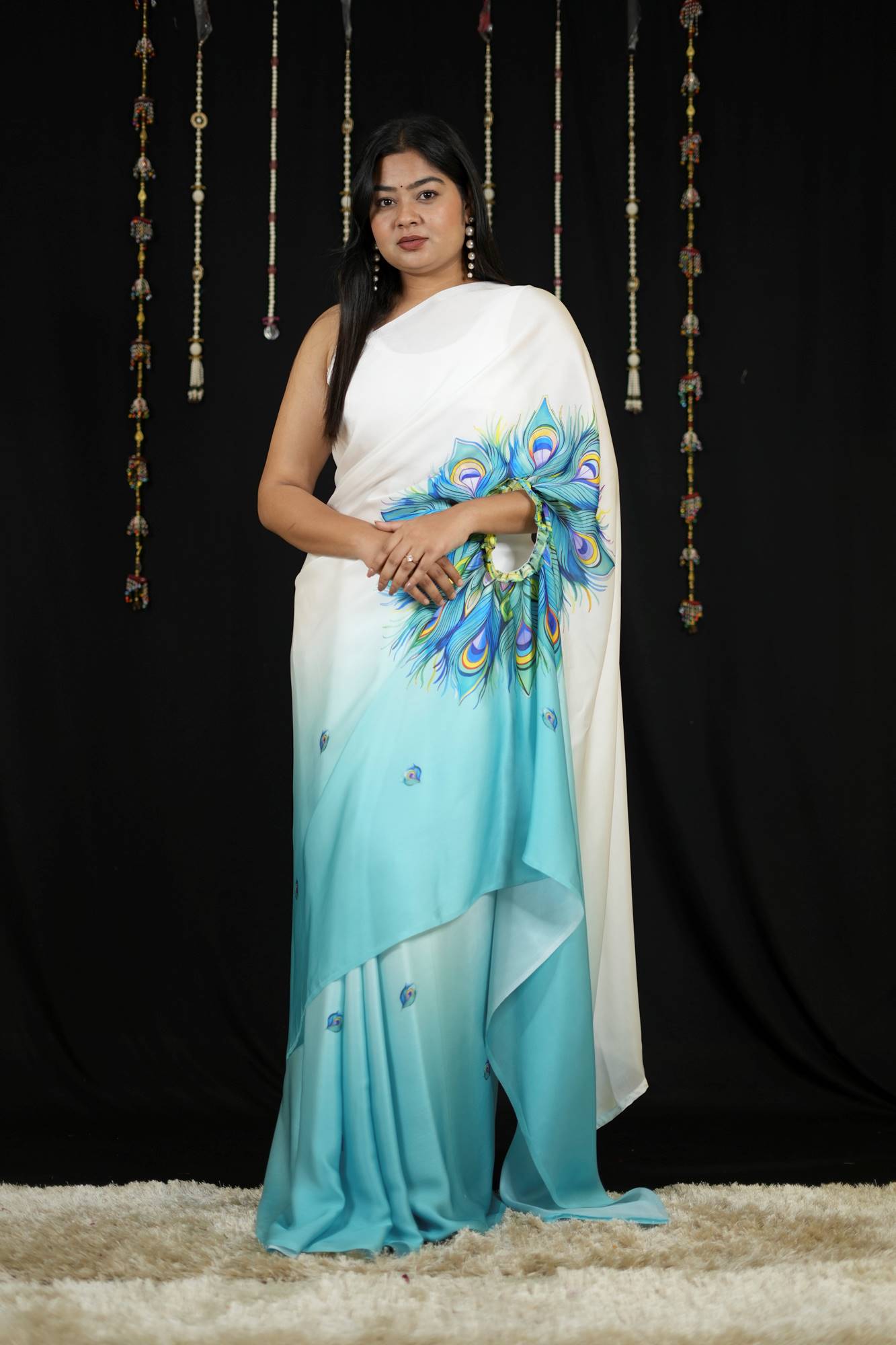Hand free Satin with Peacock Feather Digital Print Ready To Wear Saree
