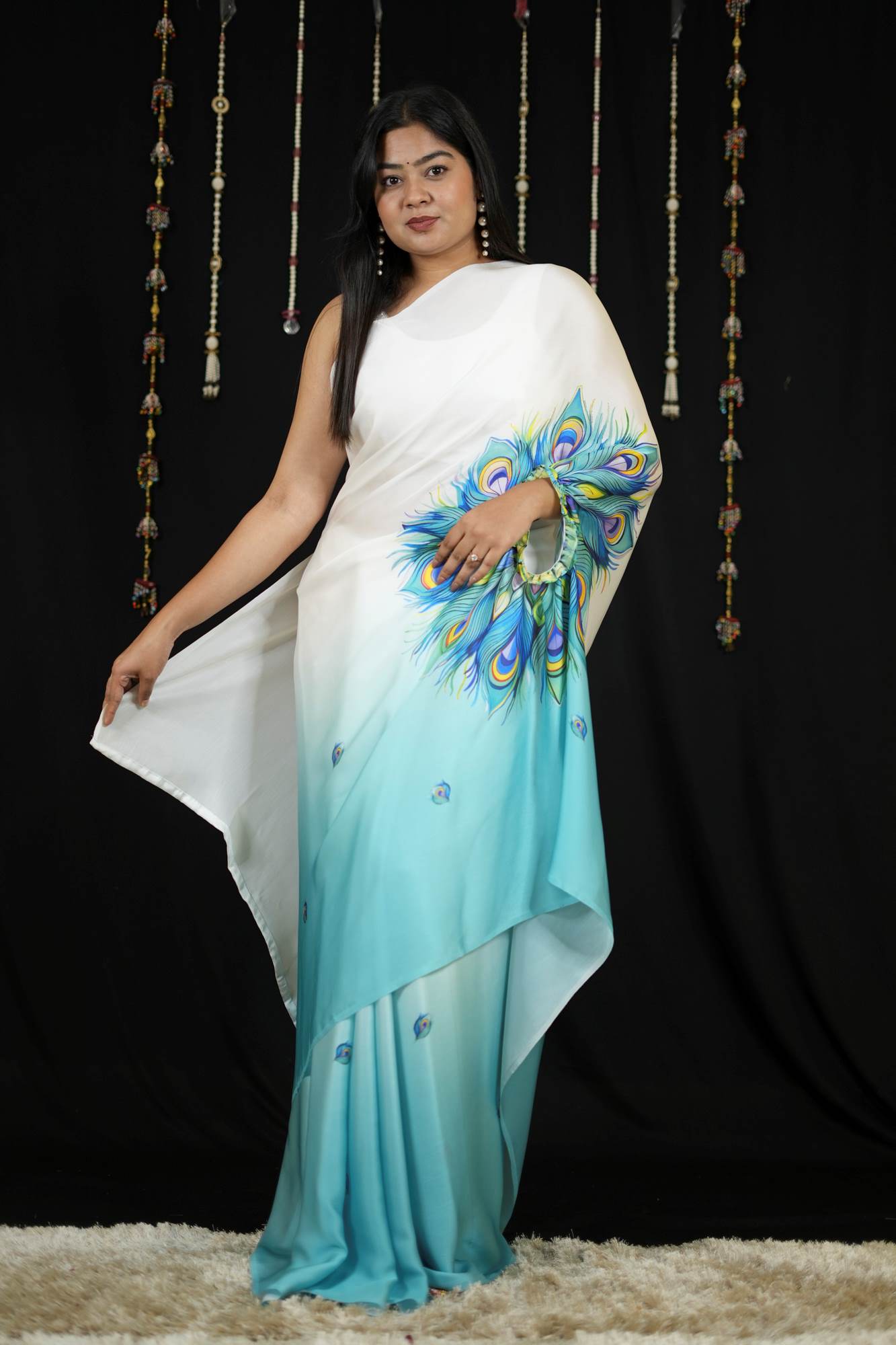 Hand free Satin with Peacock Feather Digital Print Ready To Wear Saree