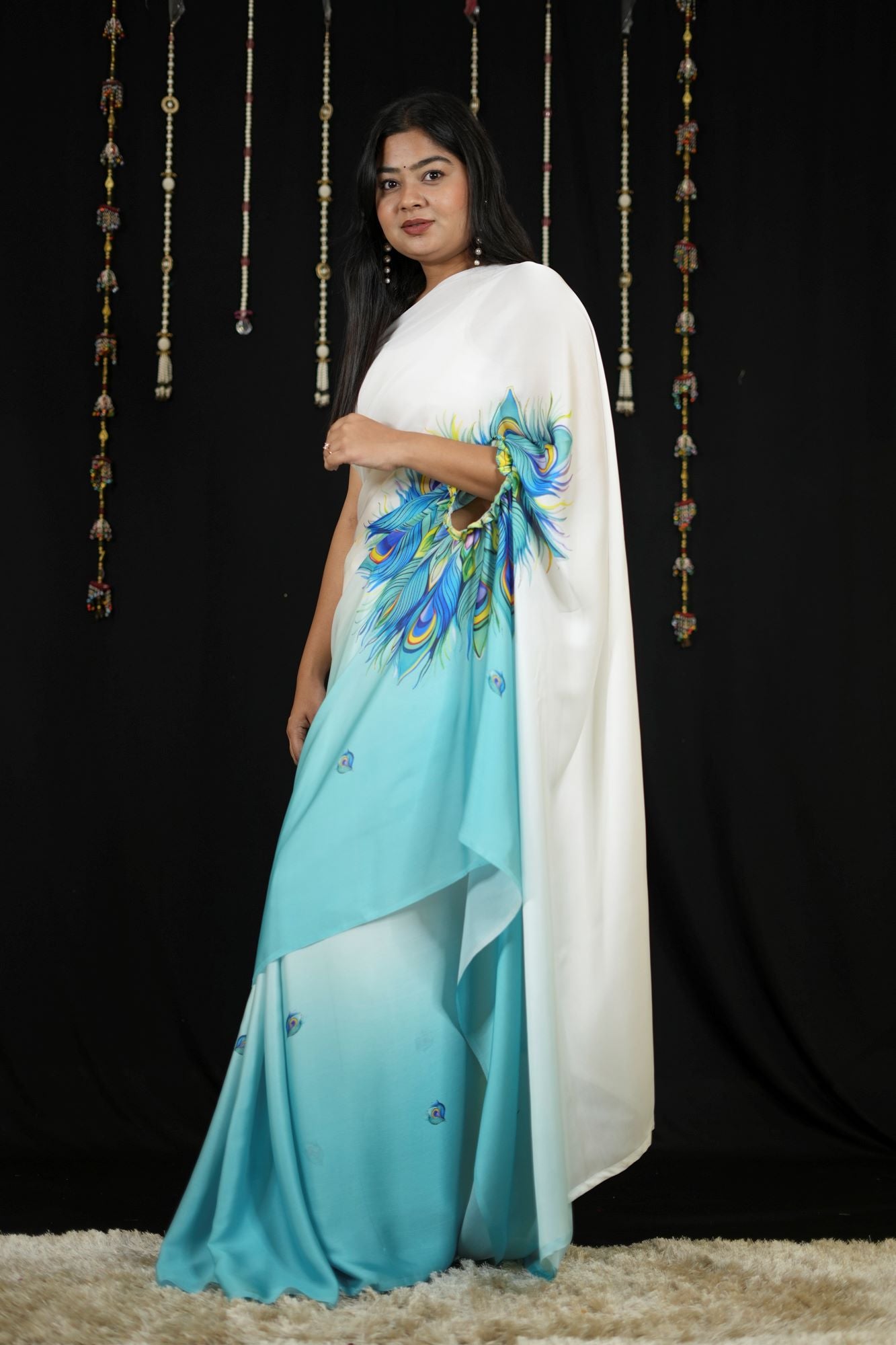 Hand free Satin with Peacock Feather Digital Print Ready To Wear Saree