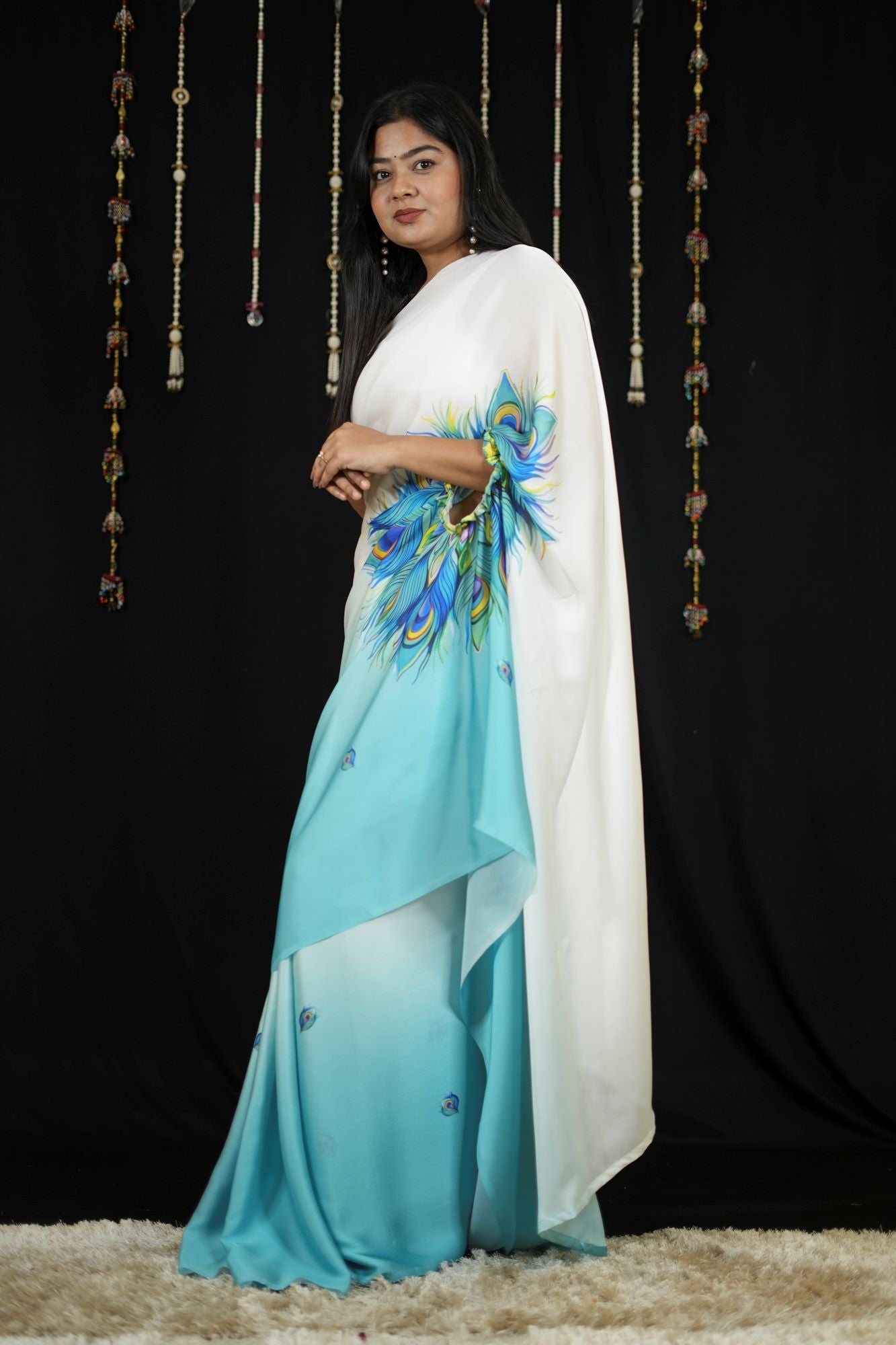 Hand free Satin with Peacock Feather Digital Print Ready To Wear Saree