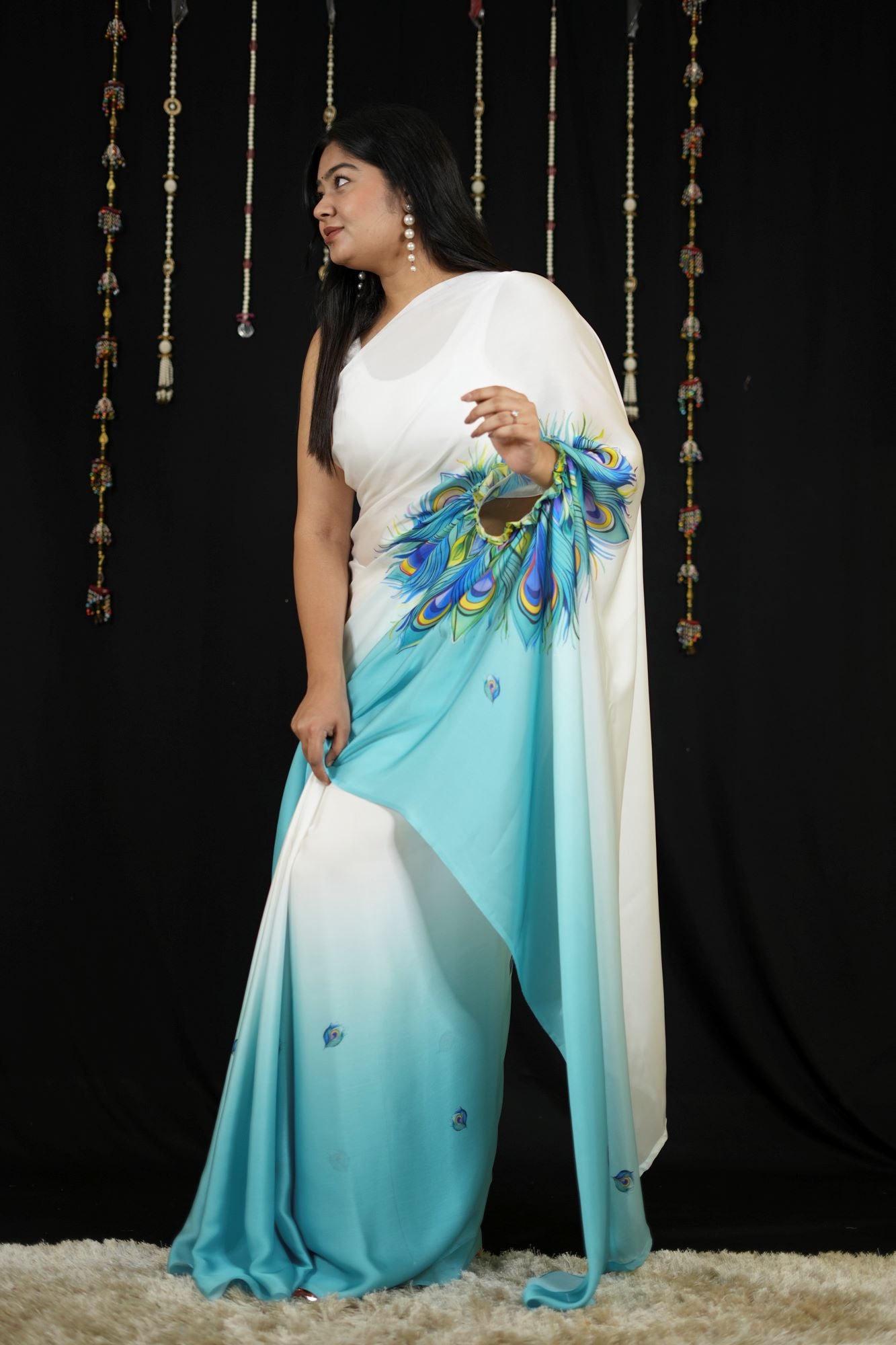 Hand free Satin with Peacock Feather Digital Print Ready To Wear Saree