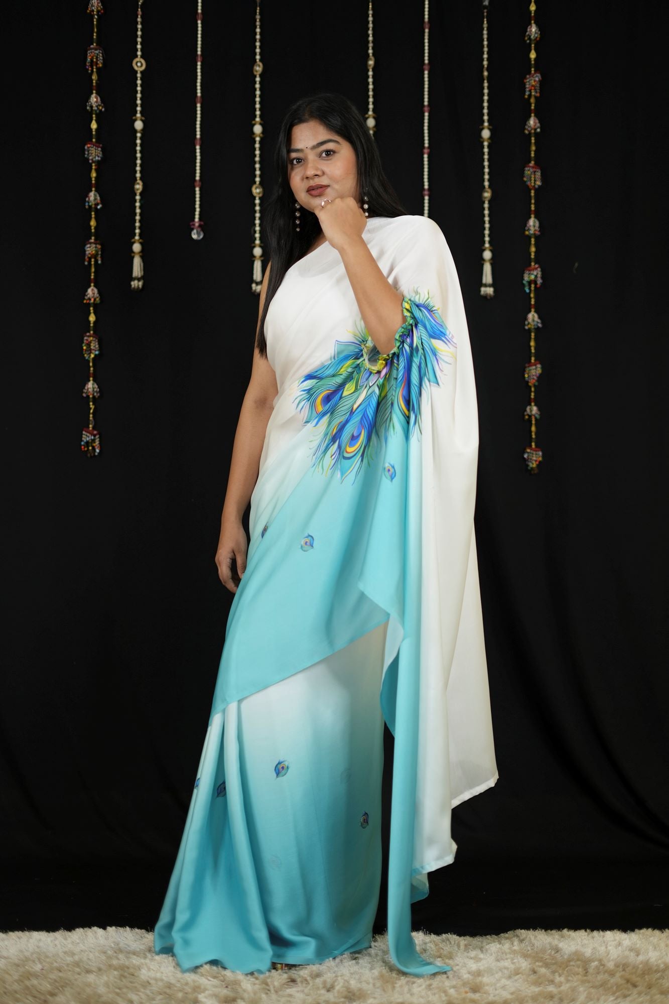 Hand free Satin with Peacock Feather Digital Print Ready To Wear Saree