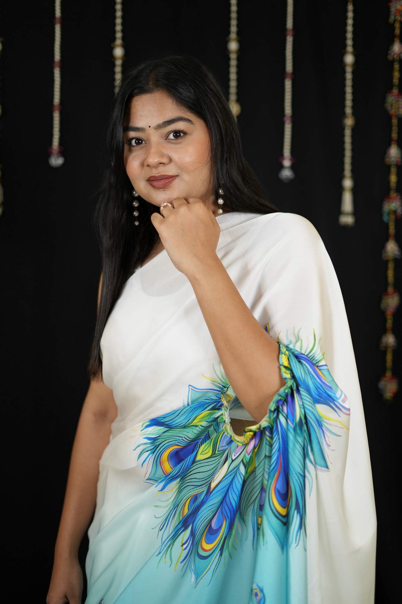 Hand free Satin with Peacock Feather Digital Print Ready To Wear Saree