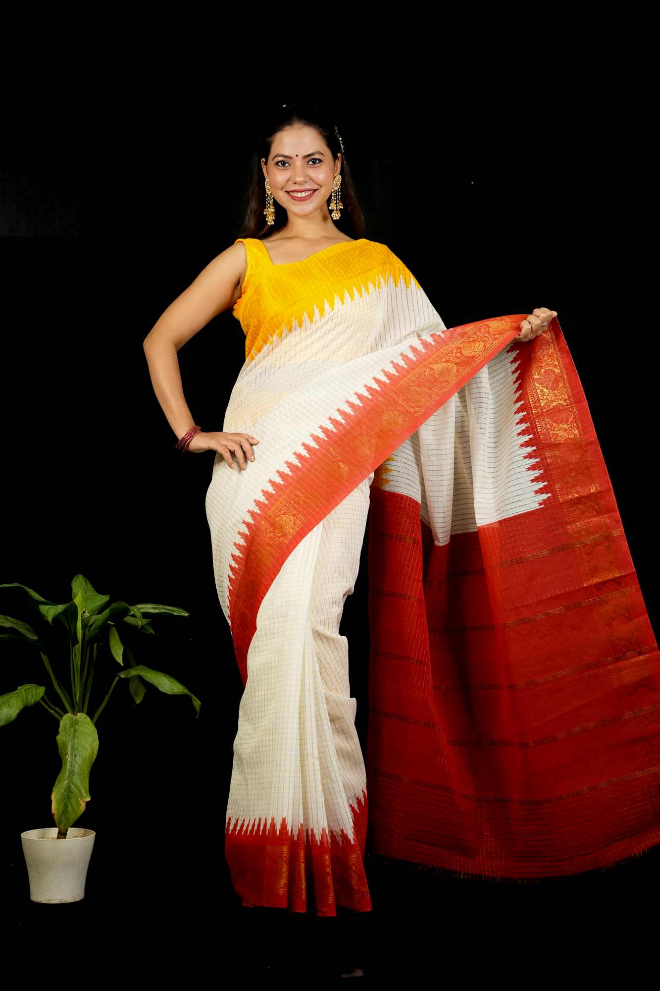Cotton Checked with Red Pallu & Yellow Temple Ready To Wear Saree