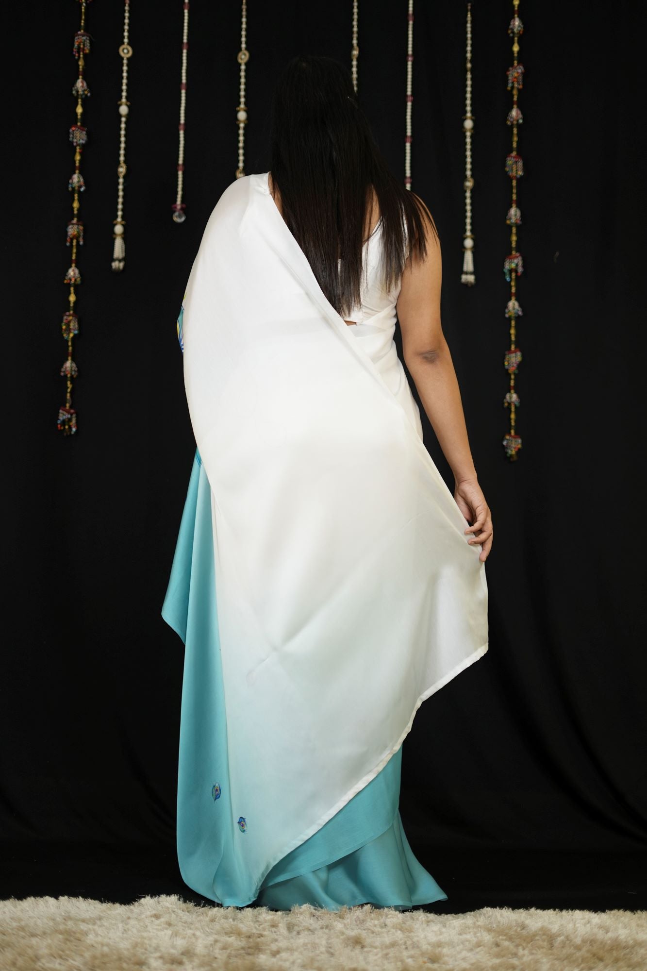 Hand free Satin with Peacock Feather Digital Print Ready To Wear Saree