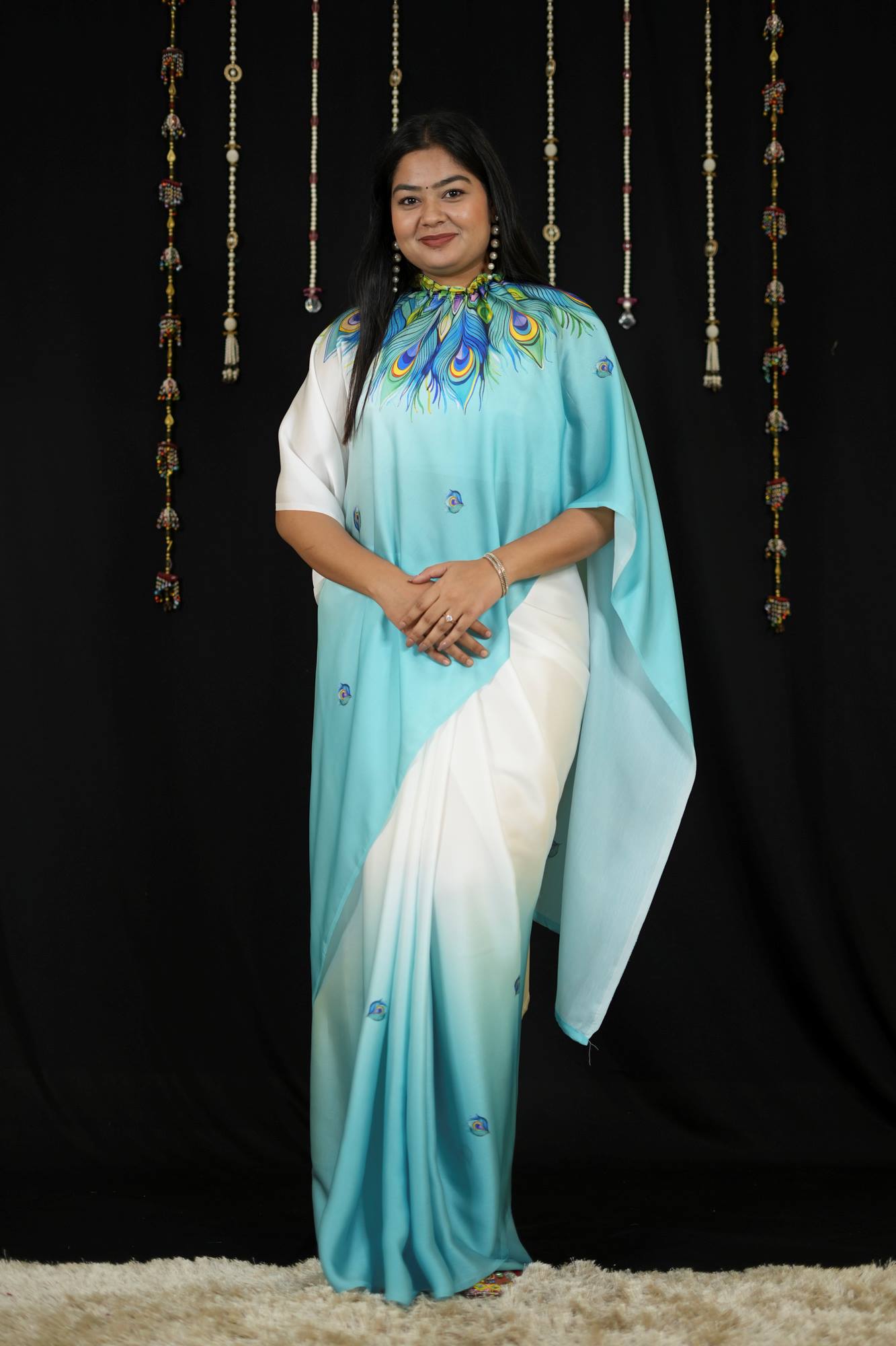 Hand free Satin with Peacock Feather Digital Print Ready To Wear Saree