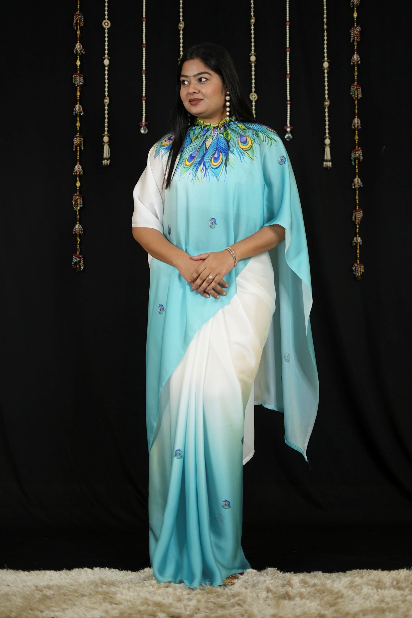 Hand free Satin with Peacock Feather Digital Print Ready To Wear Saree