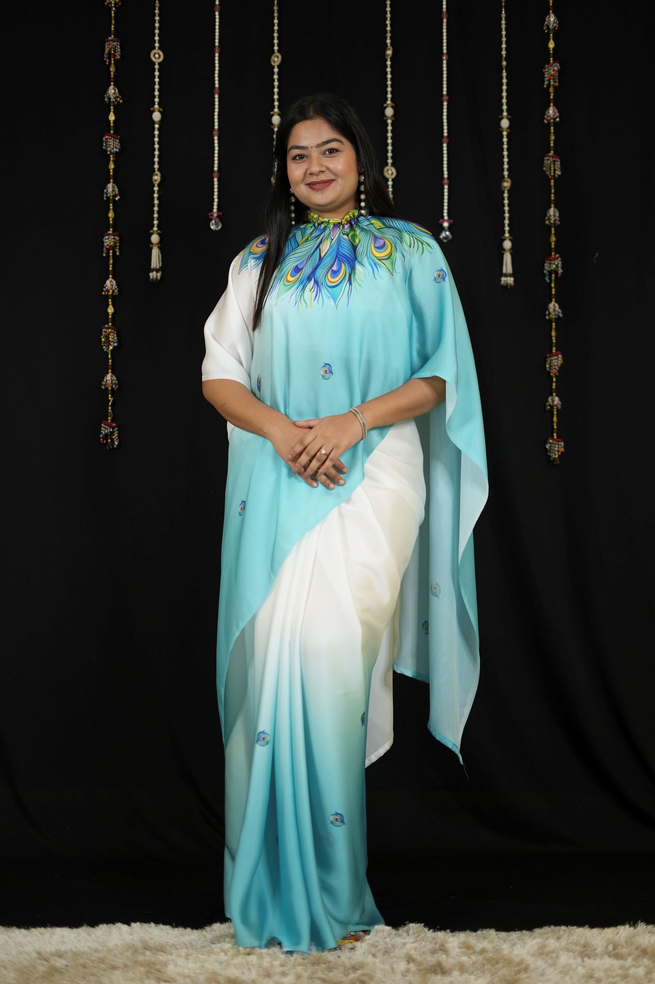 Hand free Satin with Peacock Feather Digital Print Ready To Wear Saree