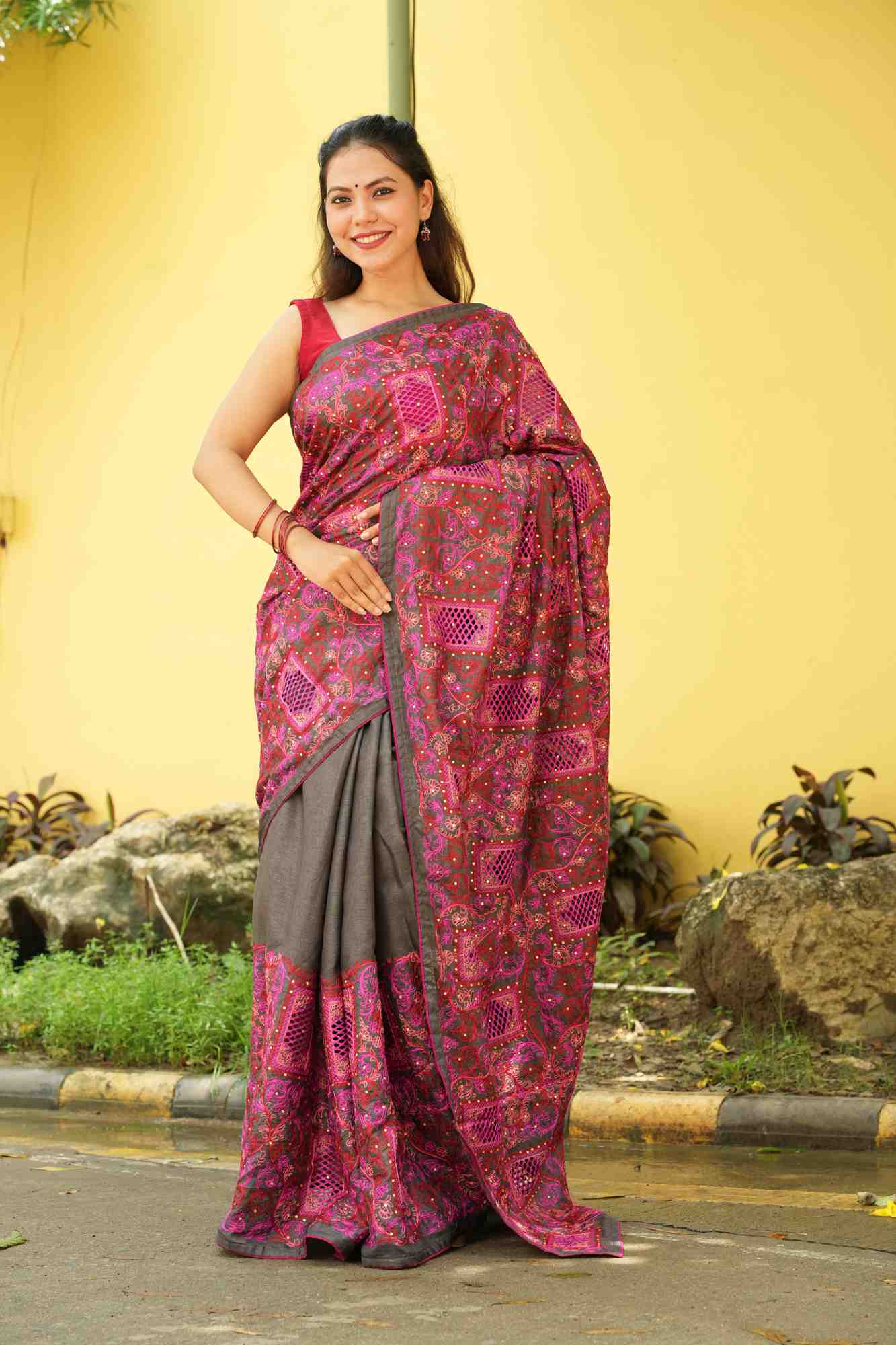 Chikankari Cutwork with Heavy Embroidered Pallu Ready To Wear Saree