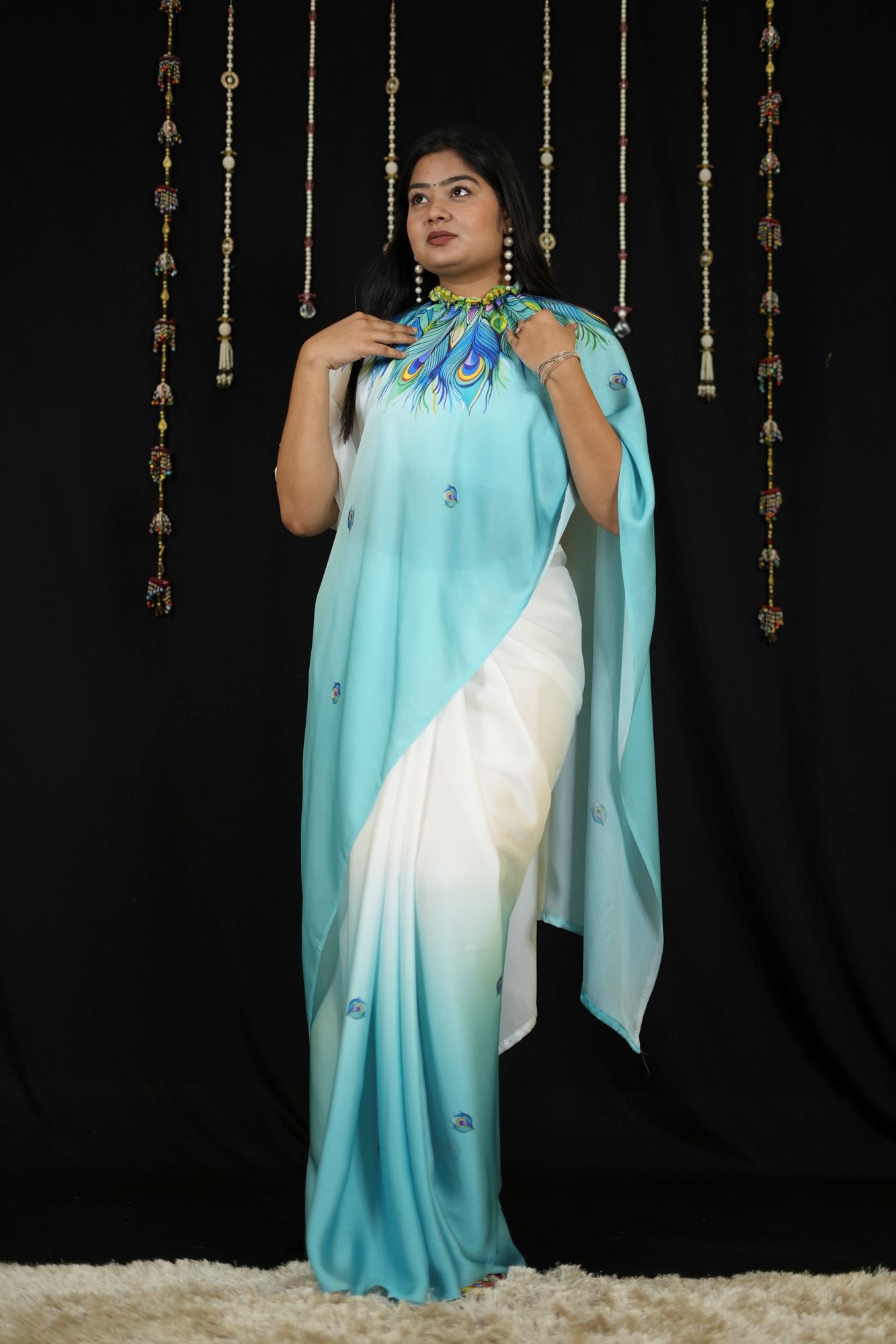 Hand free Satin with Peacock Feather Digital Print Ready To Wear Saree