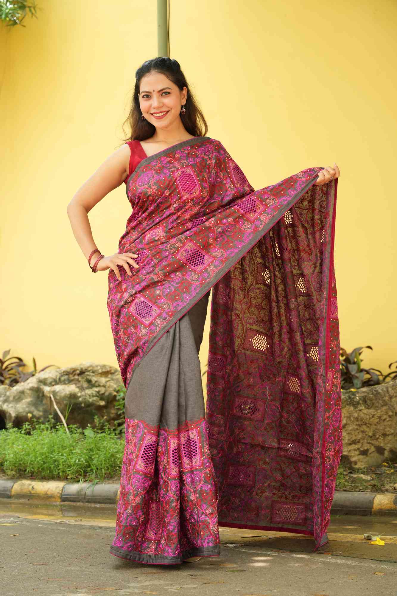 Chikankari Cutwork with Heavy Embroidered Pallu Ready To Wear Saree