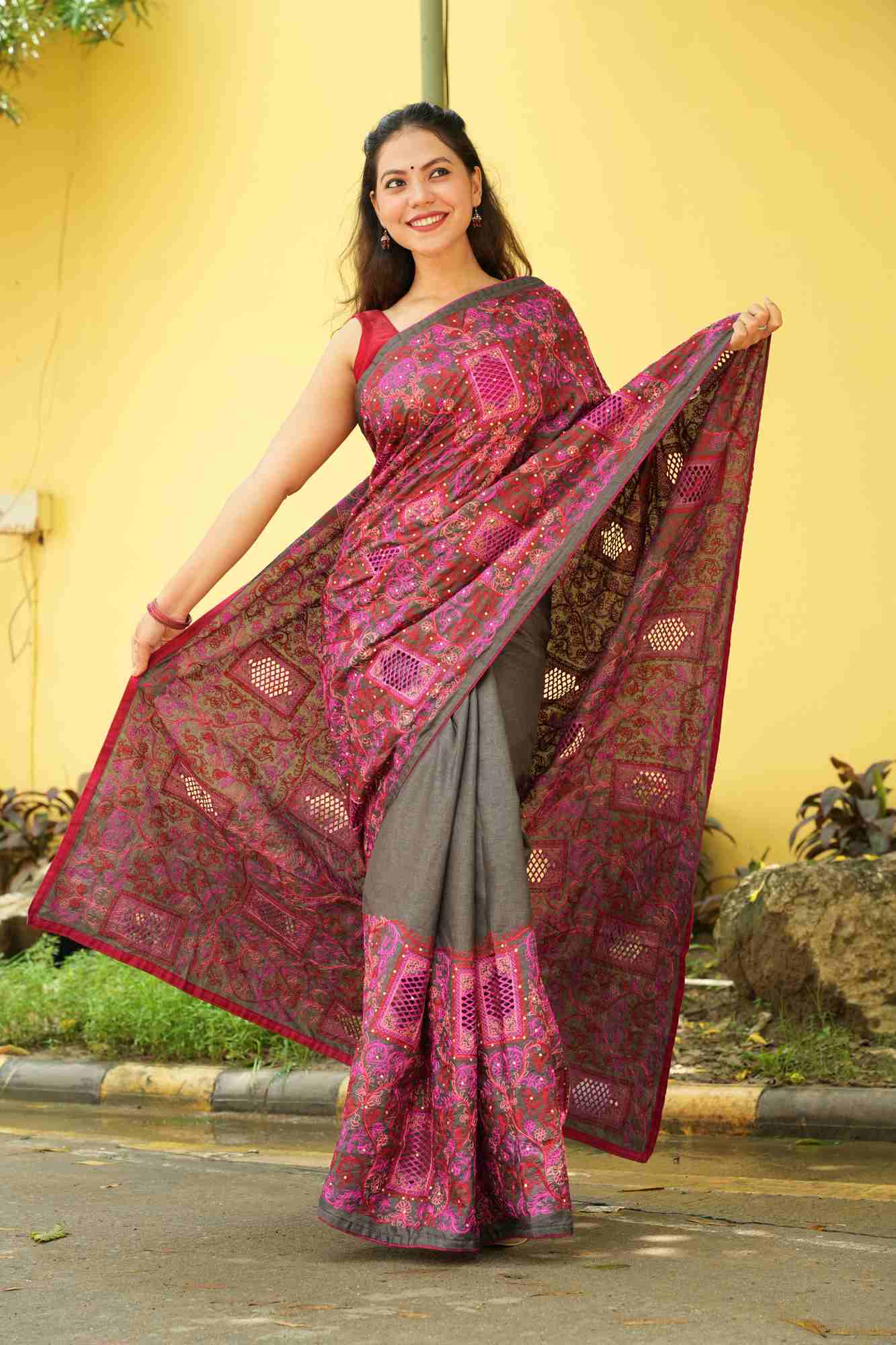 Chikankari Cutwork with Heavy Embroidered Pallu Ready To Wear Saree