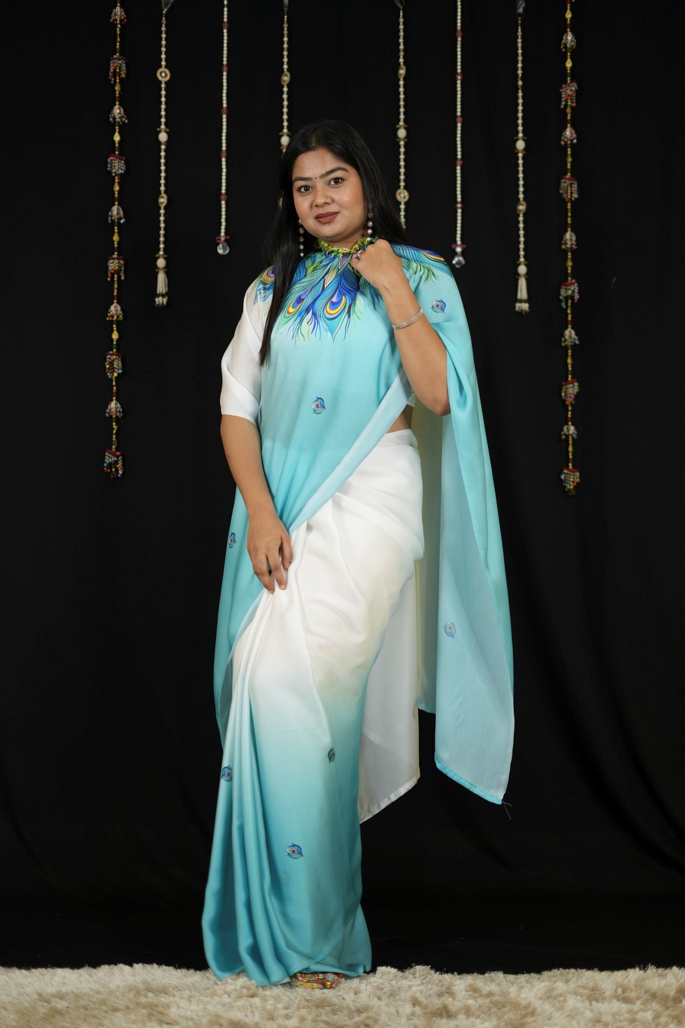 Hand free Satin with Peacock Feather Digital Print Ready To Wear Saree