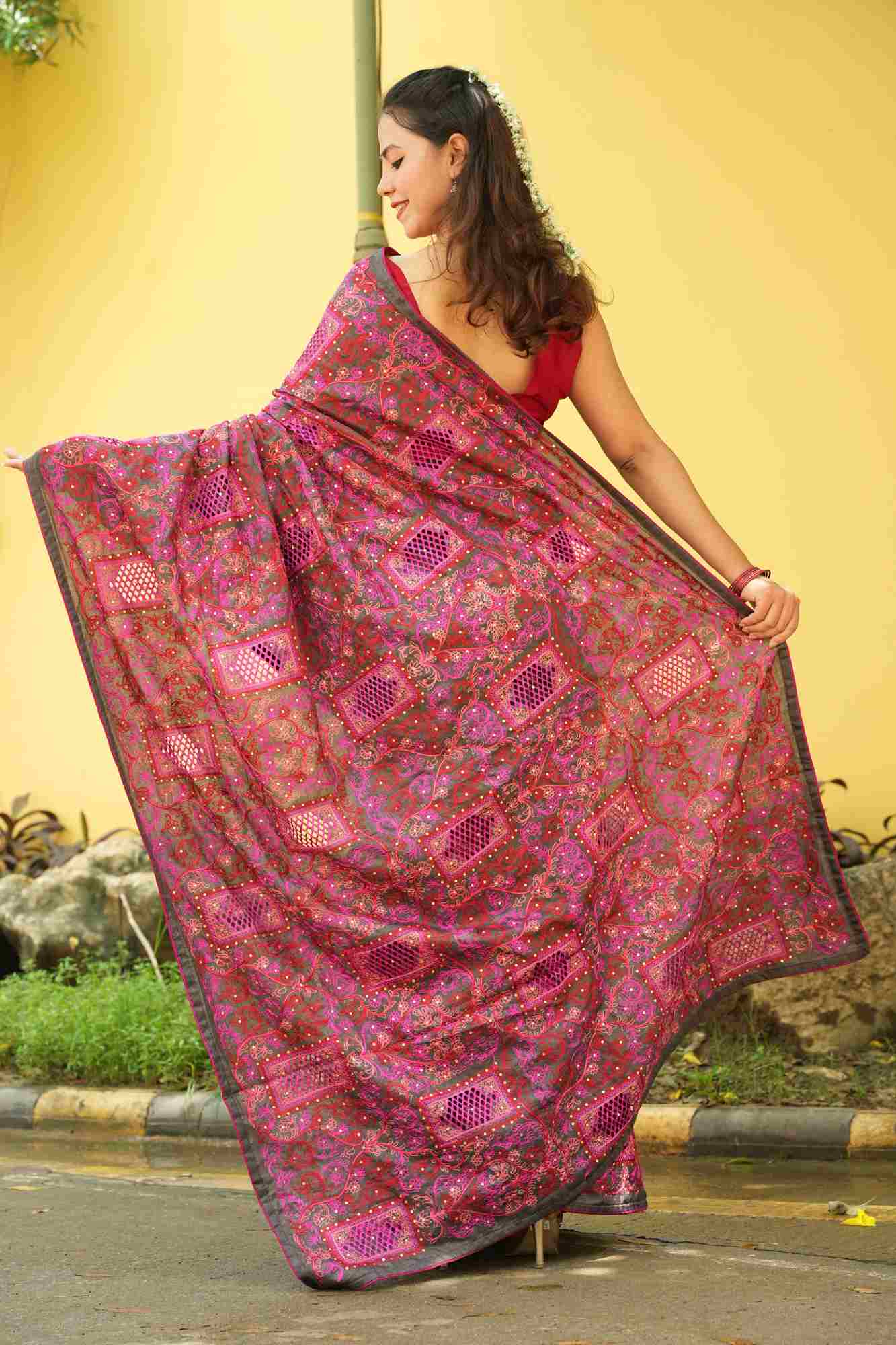 Chikankari Cutwork with Heavy Embroidered Pallu Ready To Wear Saree