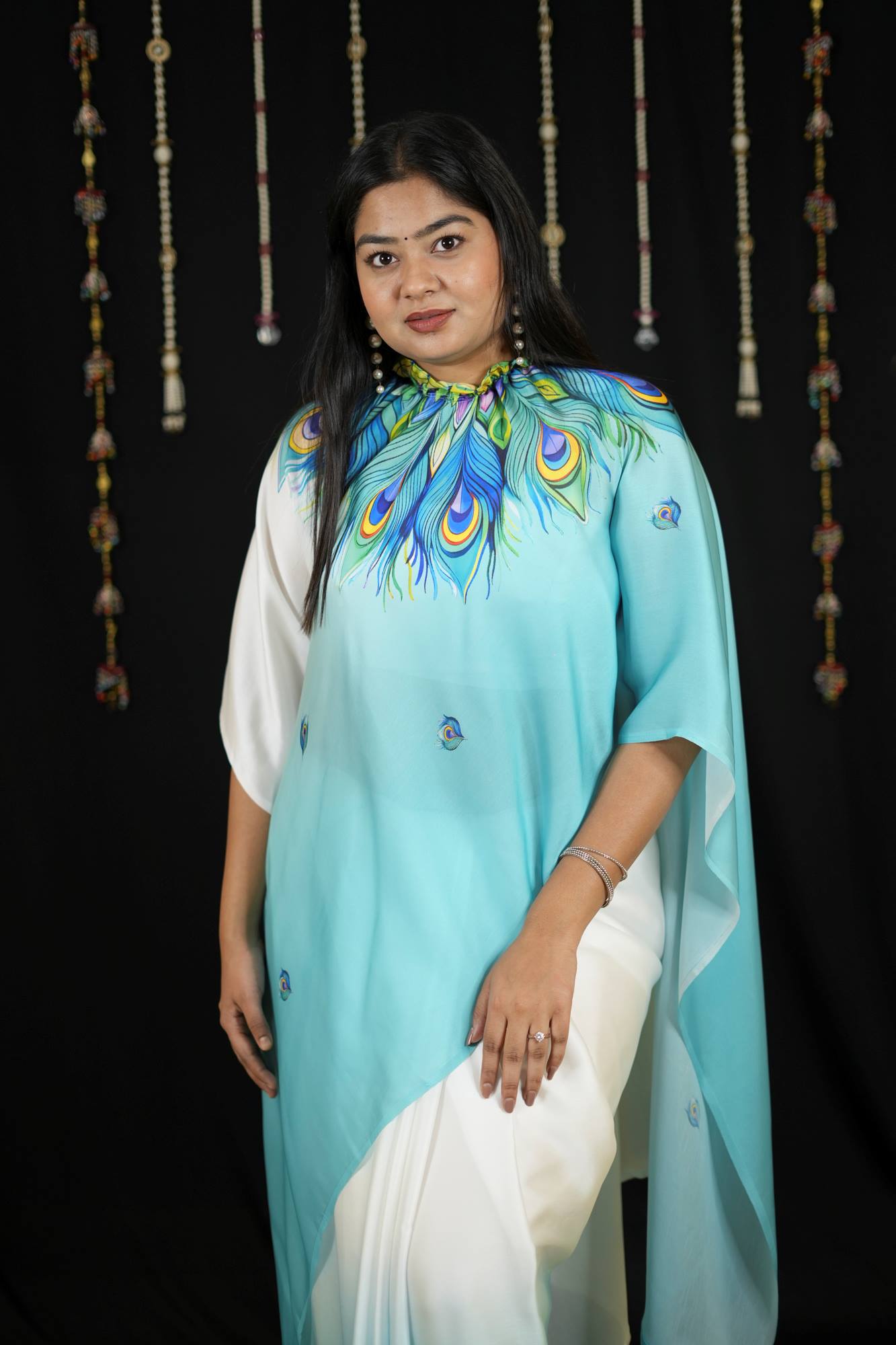 Hand free Satin with Peacock Feather Digital Print Ready To Wear Saree