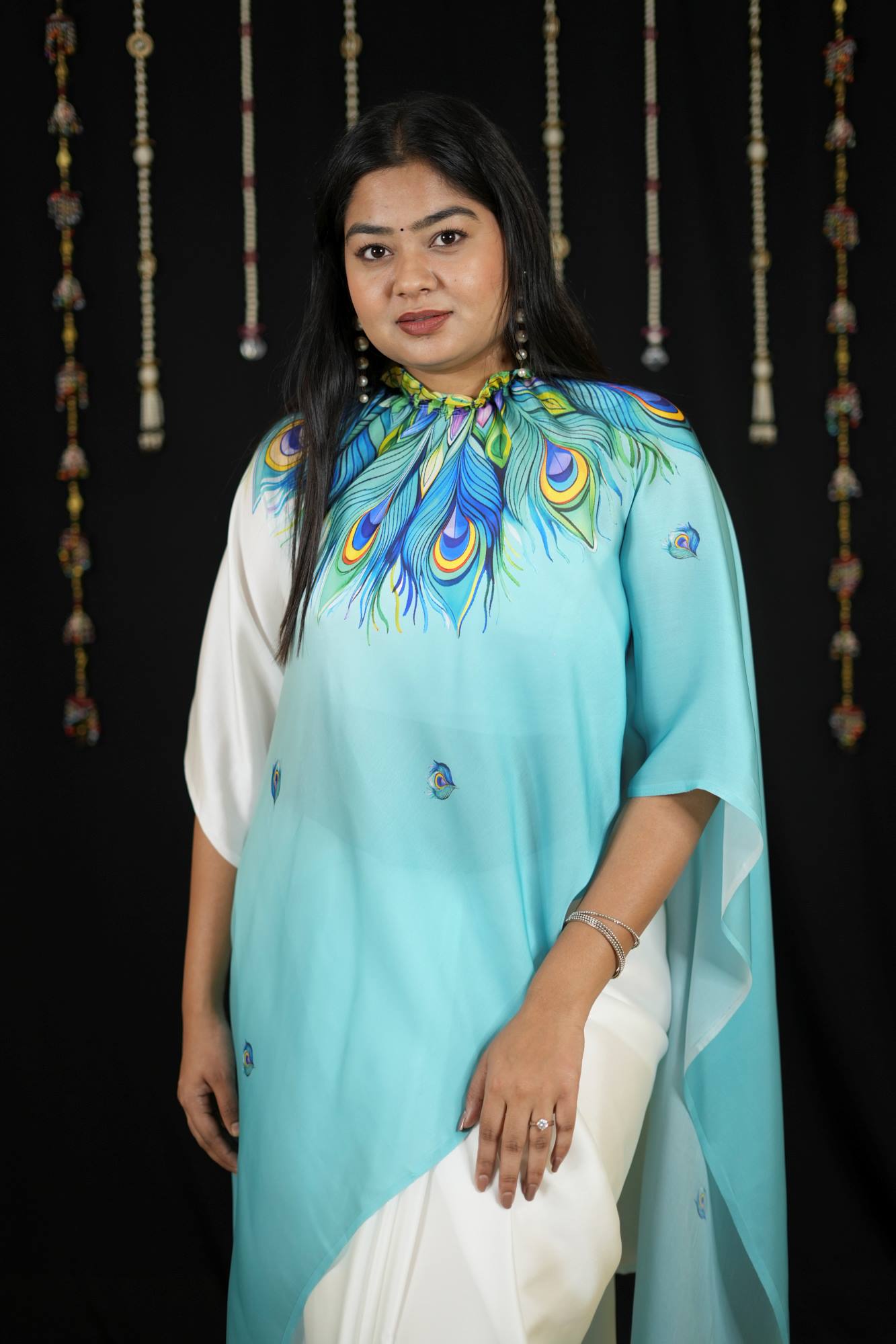 Hand free Satin with Peacock Feather Digital Print Ready To Wear Saree