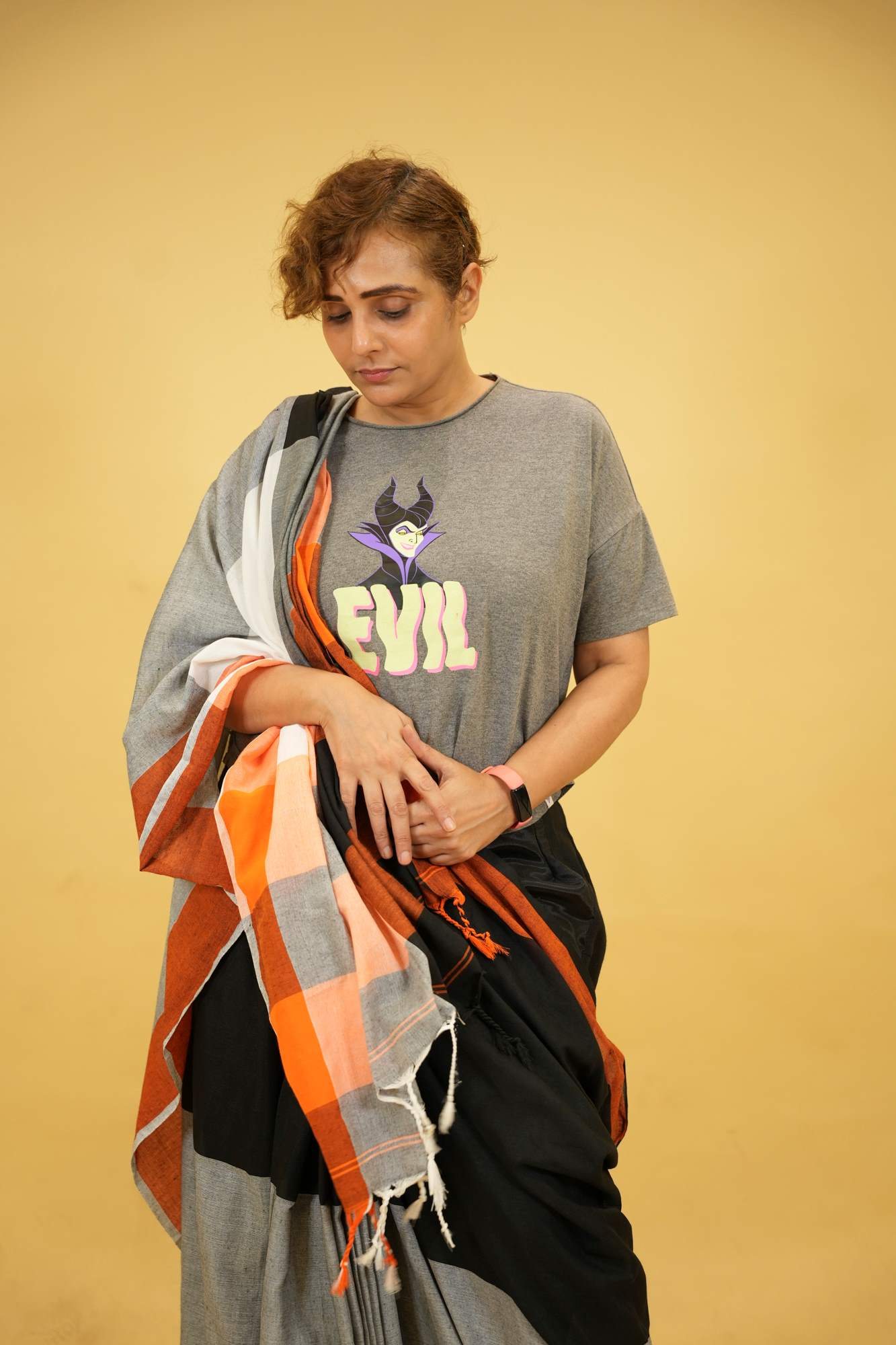 Rust & Charcoal Colorblock Cotton with Playful Tassels Ready To Wear Saree