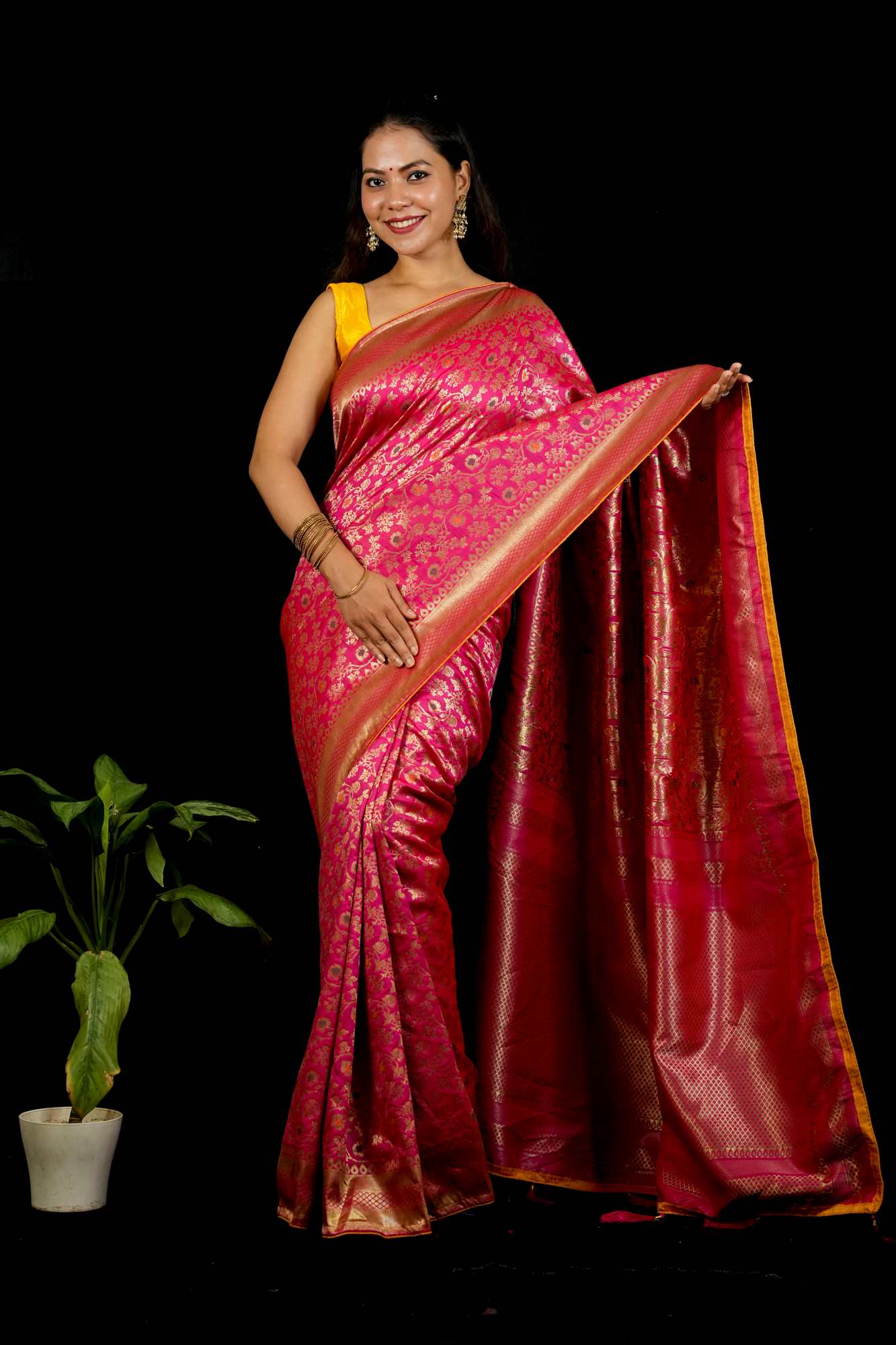 Banarasi Inspired Intricate Zari Weaving and Grand Borders Ready To Wear Saree