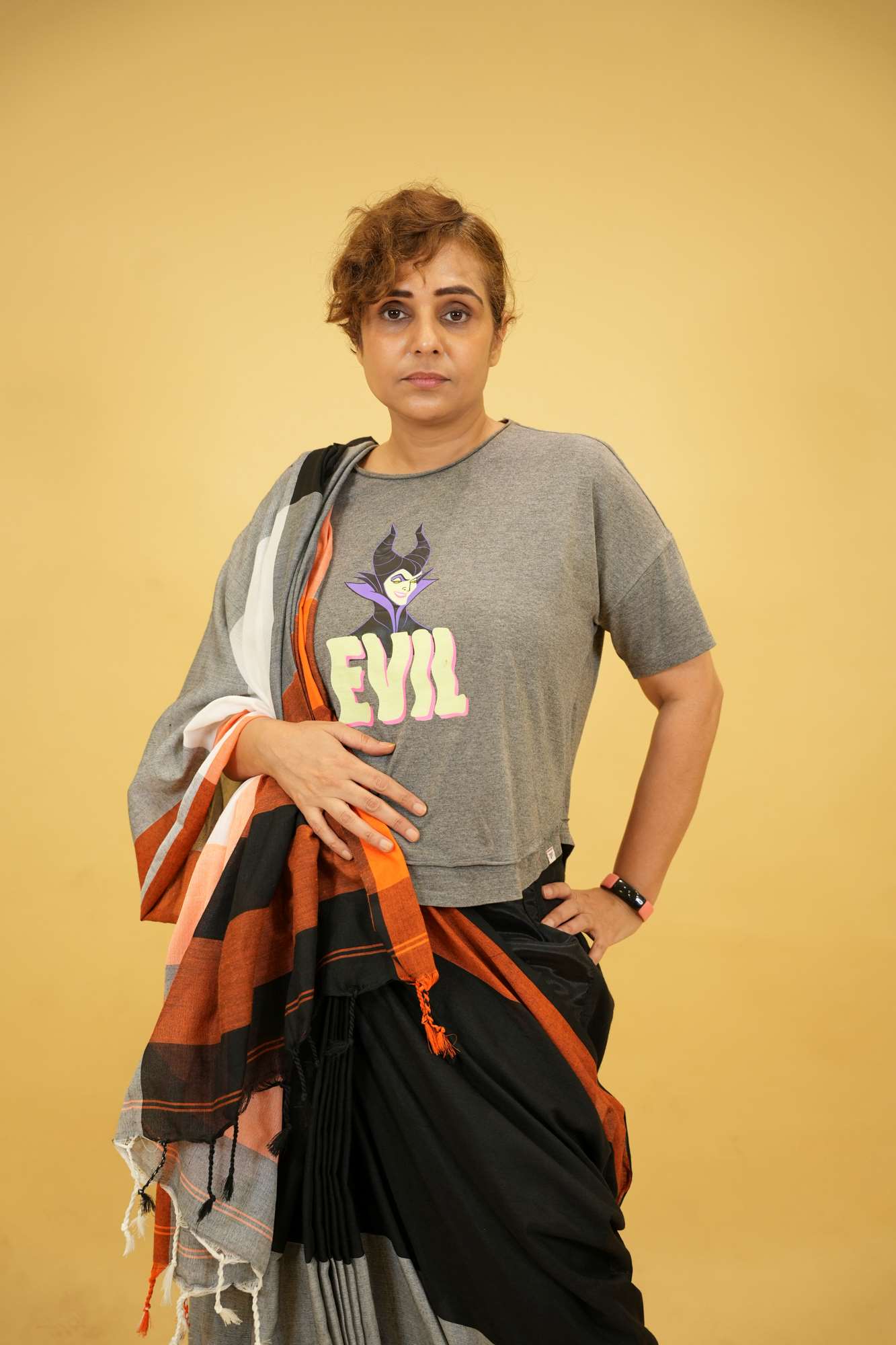 Rust & Charcoal Colorblock Cotton with Playful Tassels Ready To Wear Saree