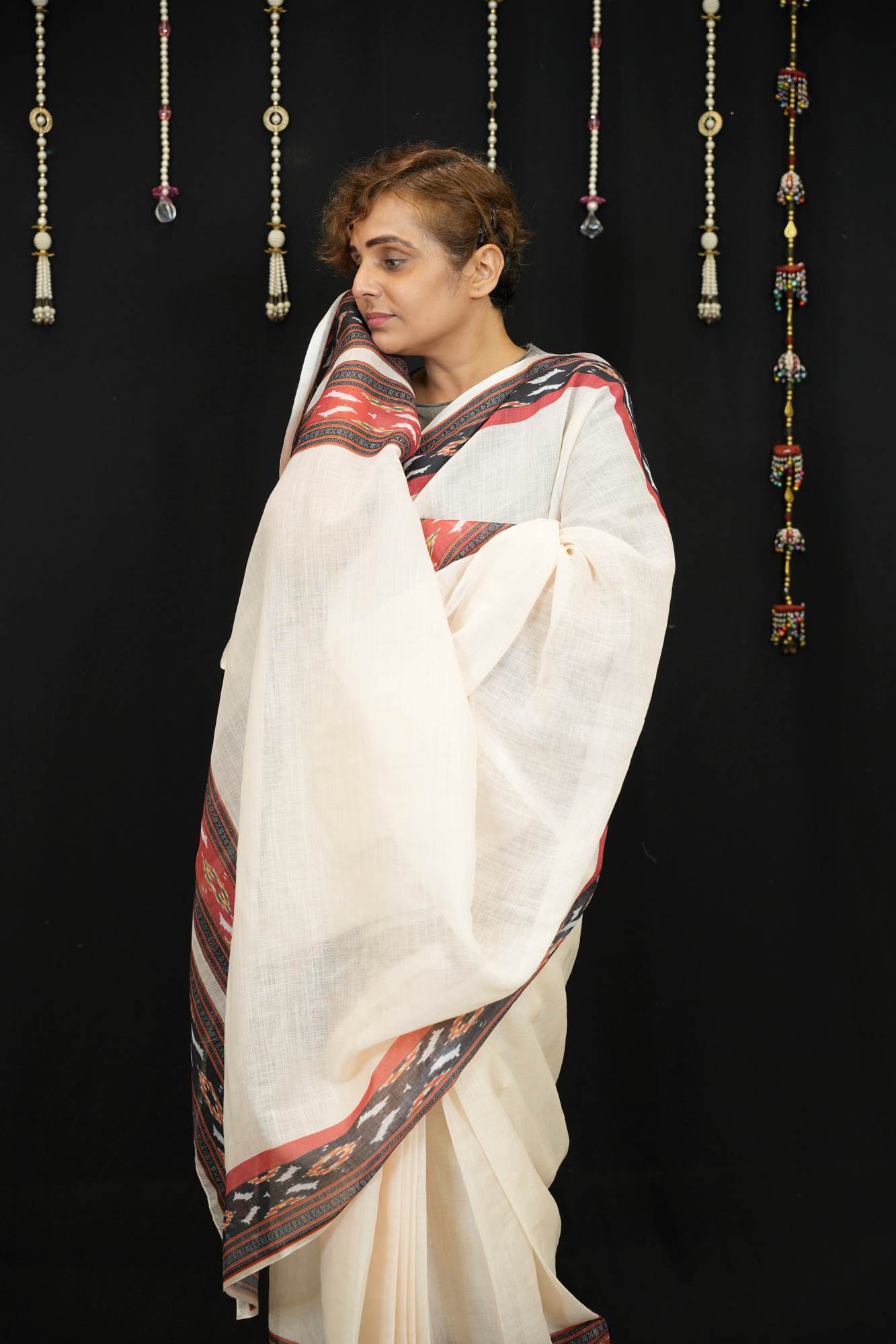 Cotton Ajrakh in Off-White with Rust & Black Vegetable-Dyed Ready To Wear Saree