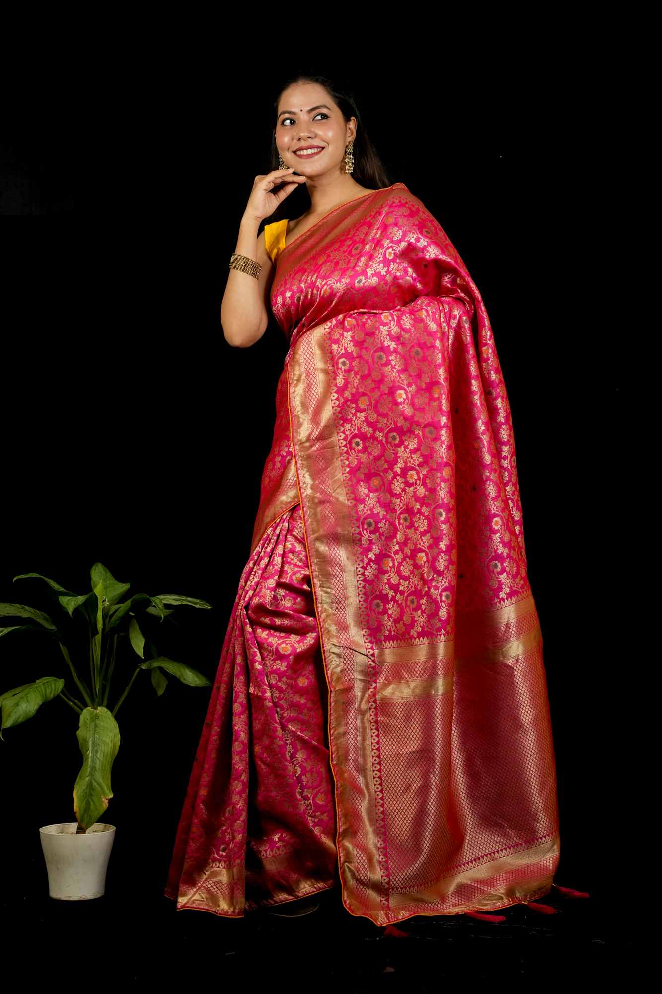 Banarasi Inspired Intricate Zari Weaving and Grand Borders Ready To Wear Saree