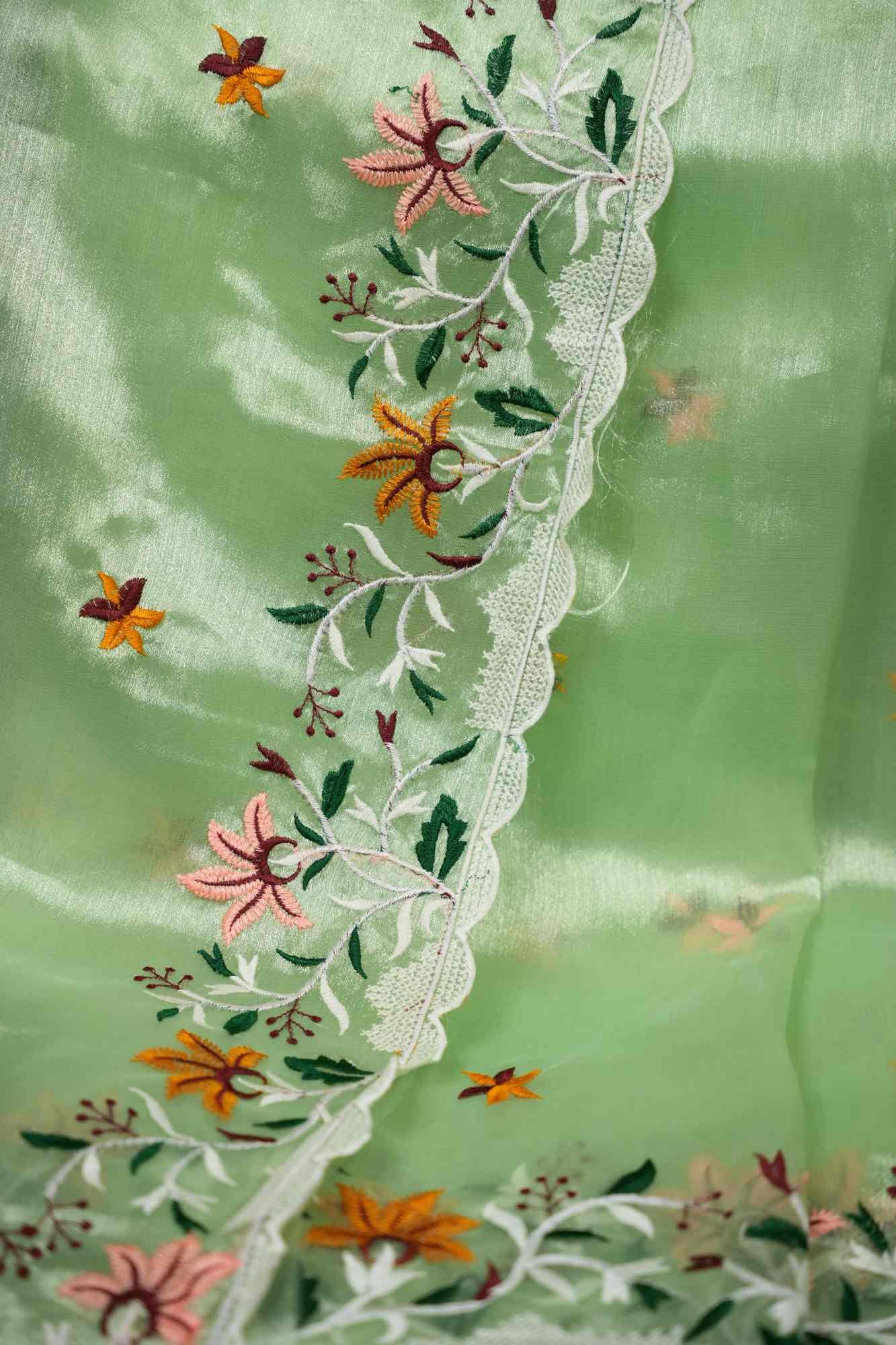Organza Silk Scalloped Border with Overall Floral Thread Embroidery Wrap in 1 minute Saree