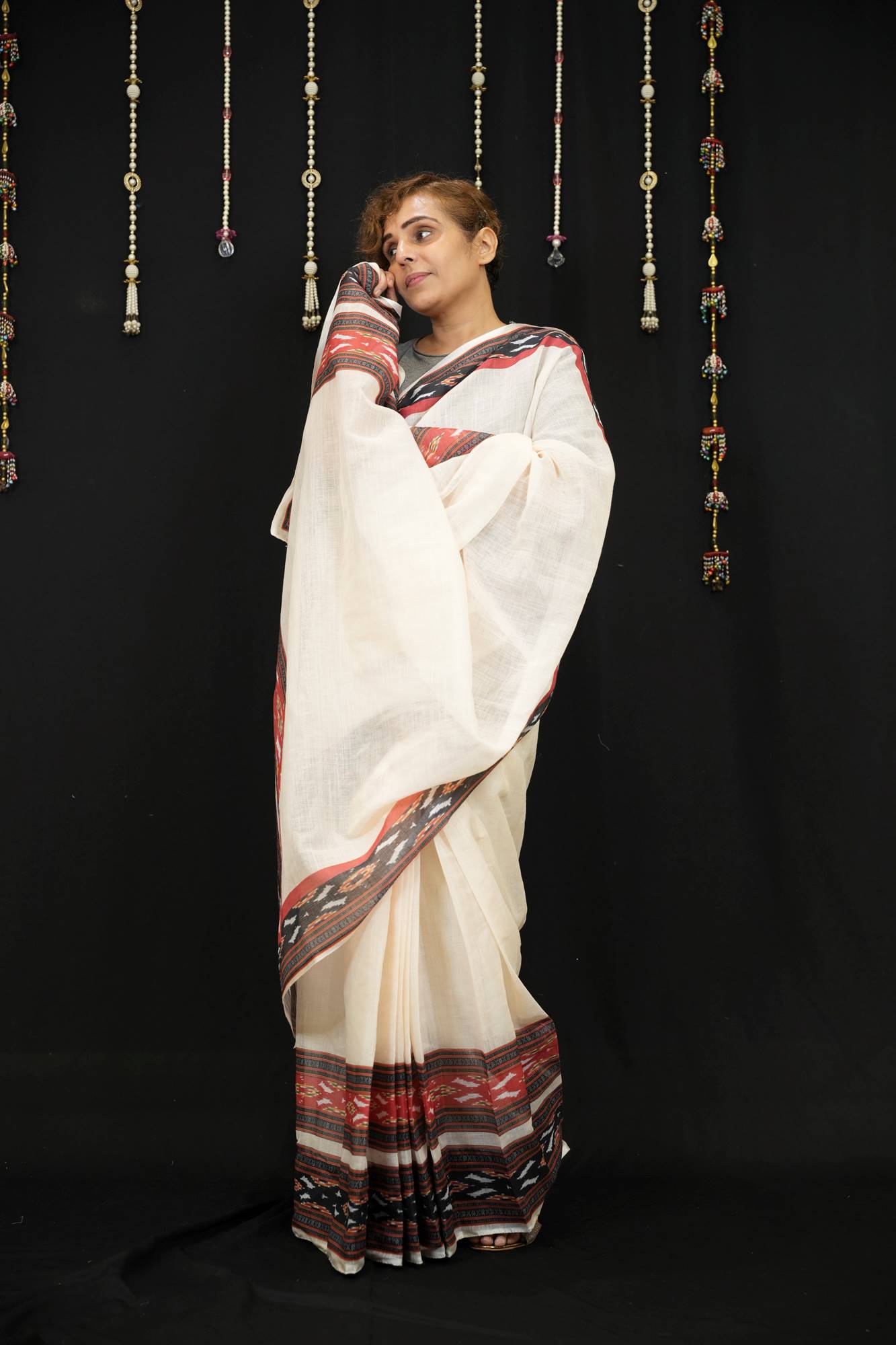 Cotton Ajrakh in Off-White with Rust & Black Vegetable-Dyed Ready To Wear Saree