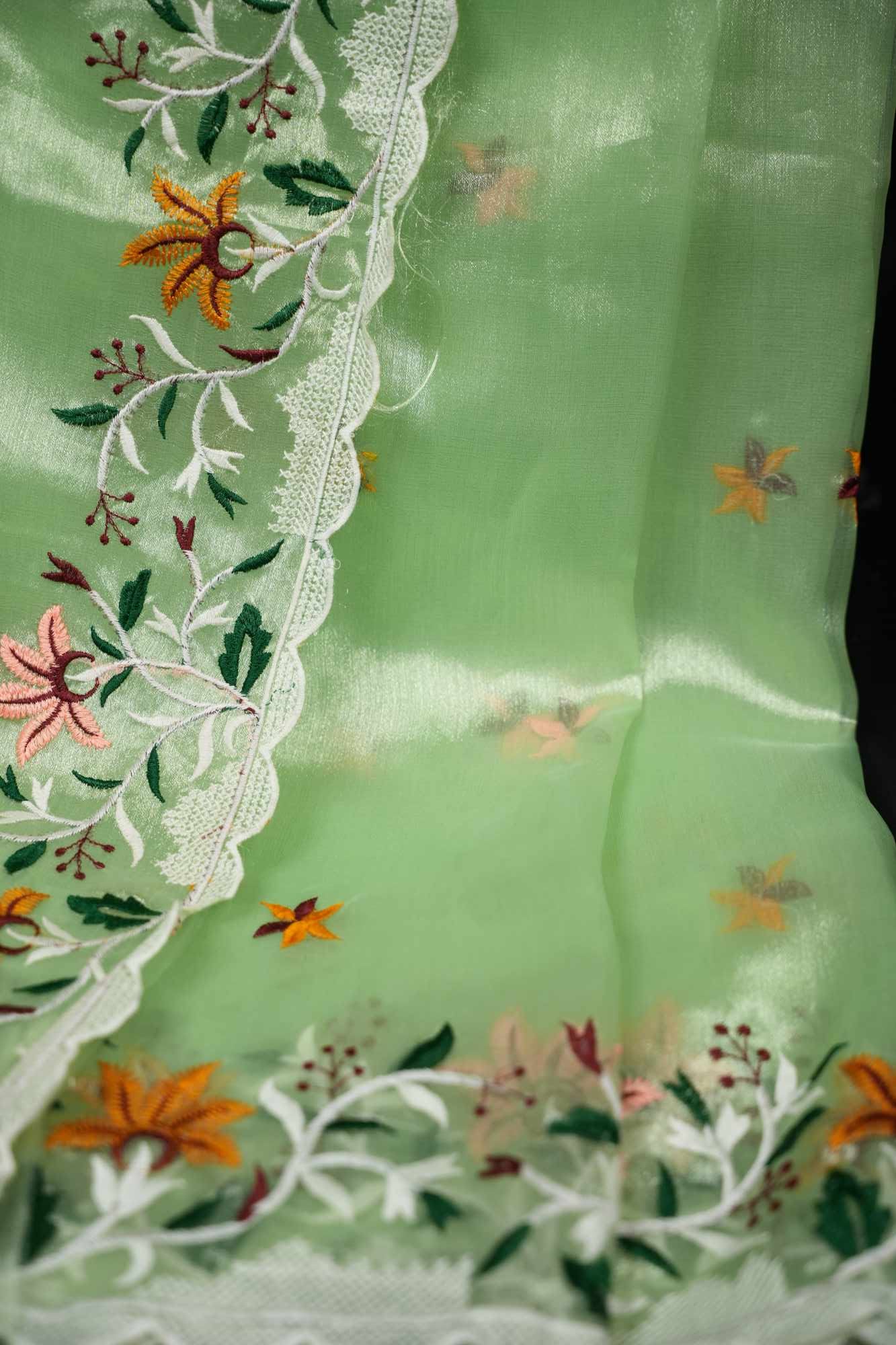 Organza Silk Scalloped Border with Overall Floral Thread Embroidery Wrap in 1 minute Saree