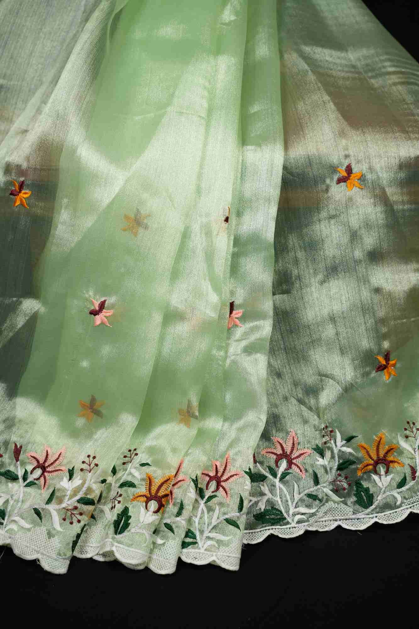 Organza Silk Scalloped Border with Overall Floral Thread Embroidery Wrap in 1 minute Saree