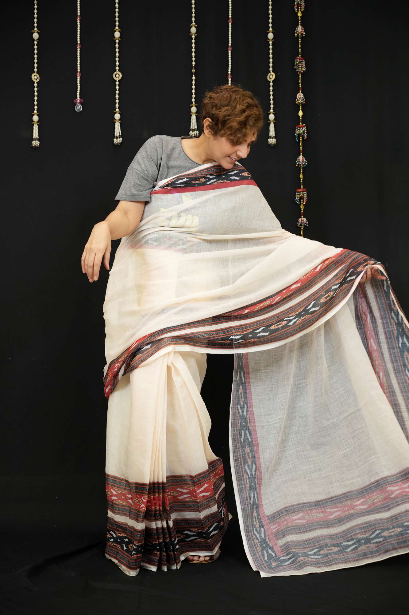 Cotton Ajrakh in Off-White with Rust & Black Vegetable-Dyed Ready To Wear Saree