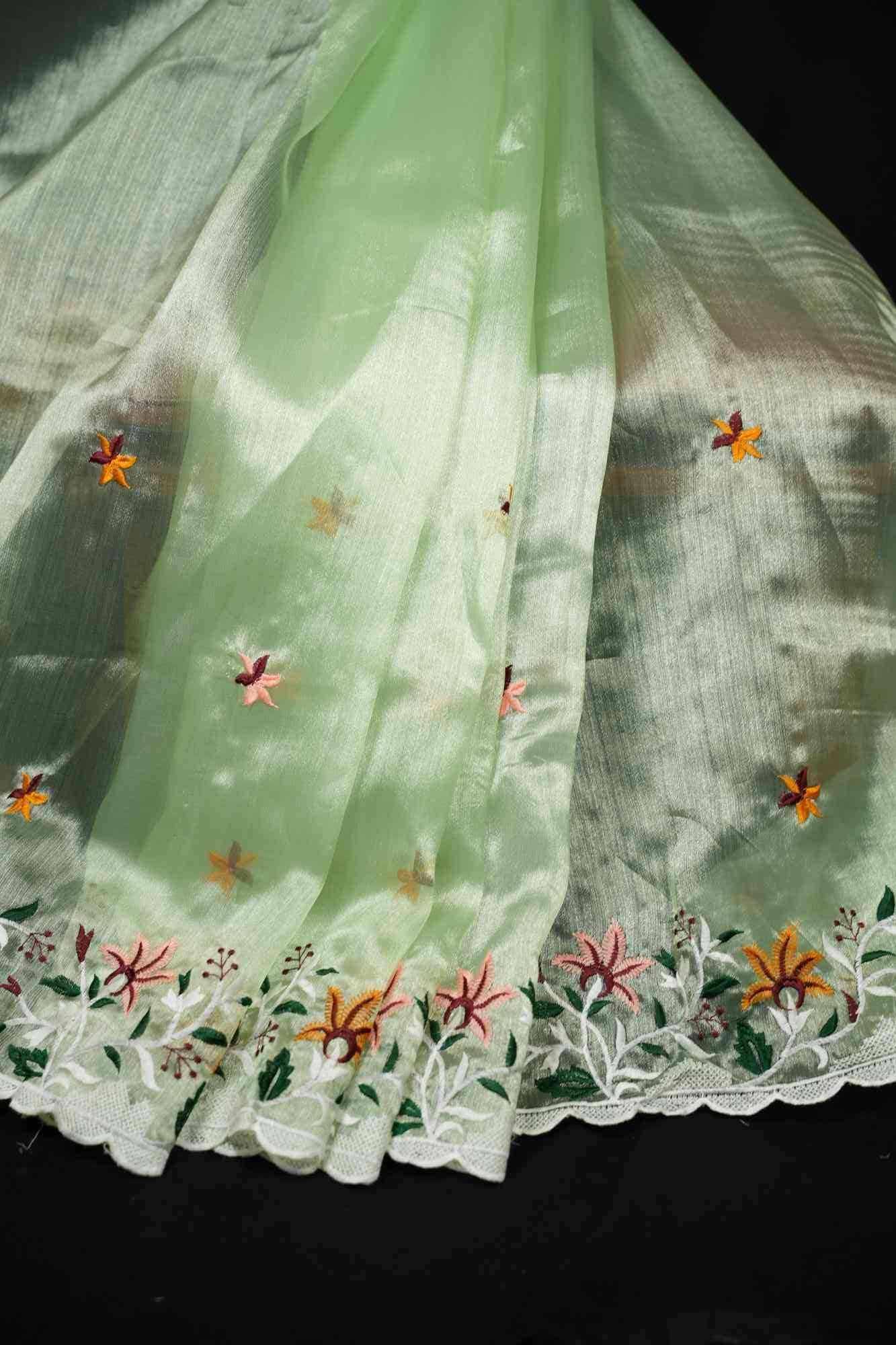 Organza Silk Scalloped Border with Overall Floral Thread Embroidery Wrap in 1 minute Saree