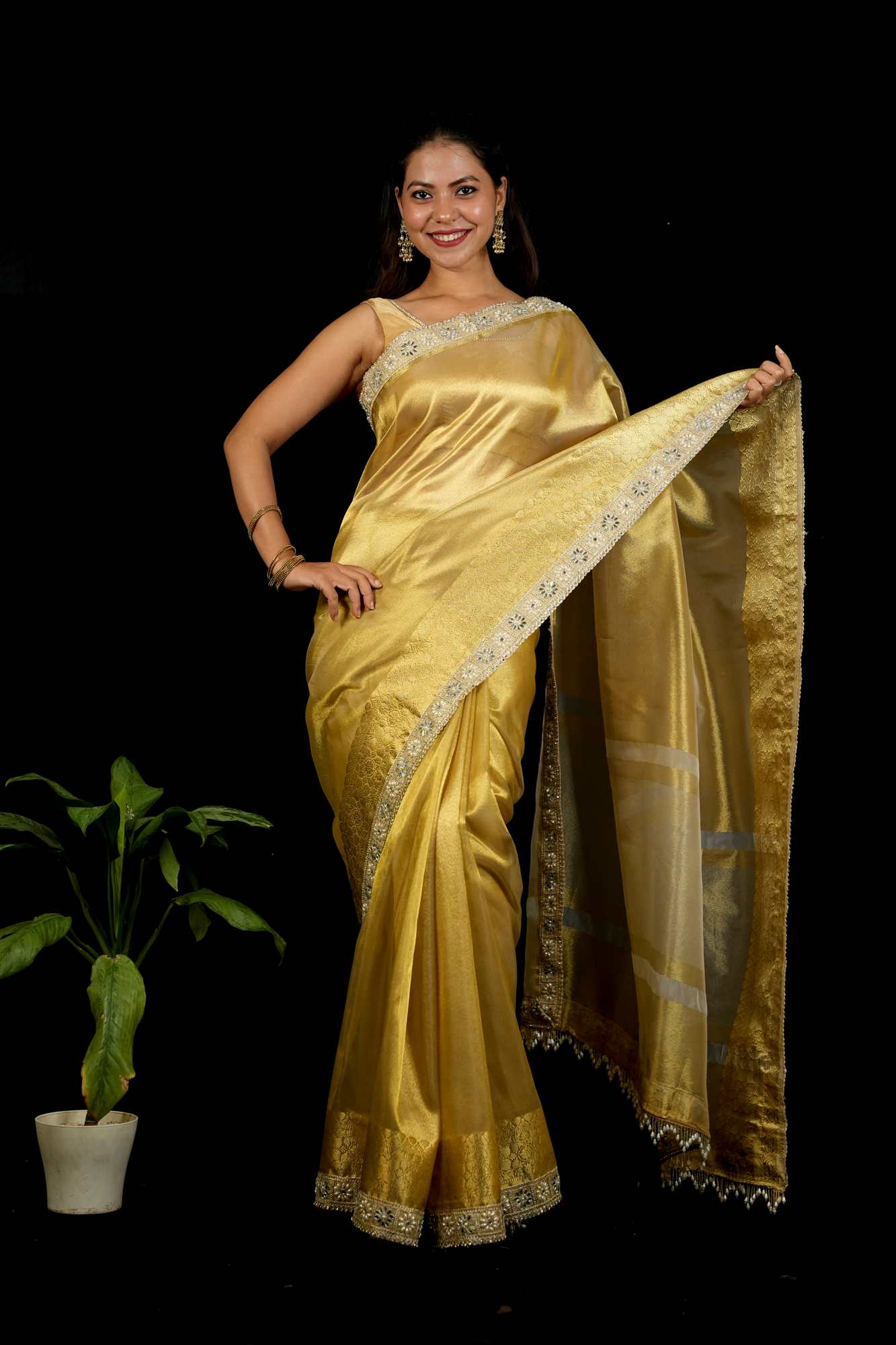 Golden Tissue Silk with Intricate Weaving & Mirror-Work Border Ready To Wear Saree